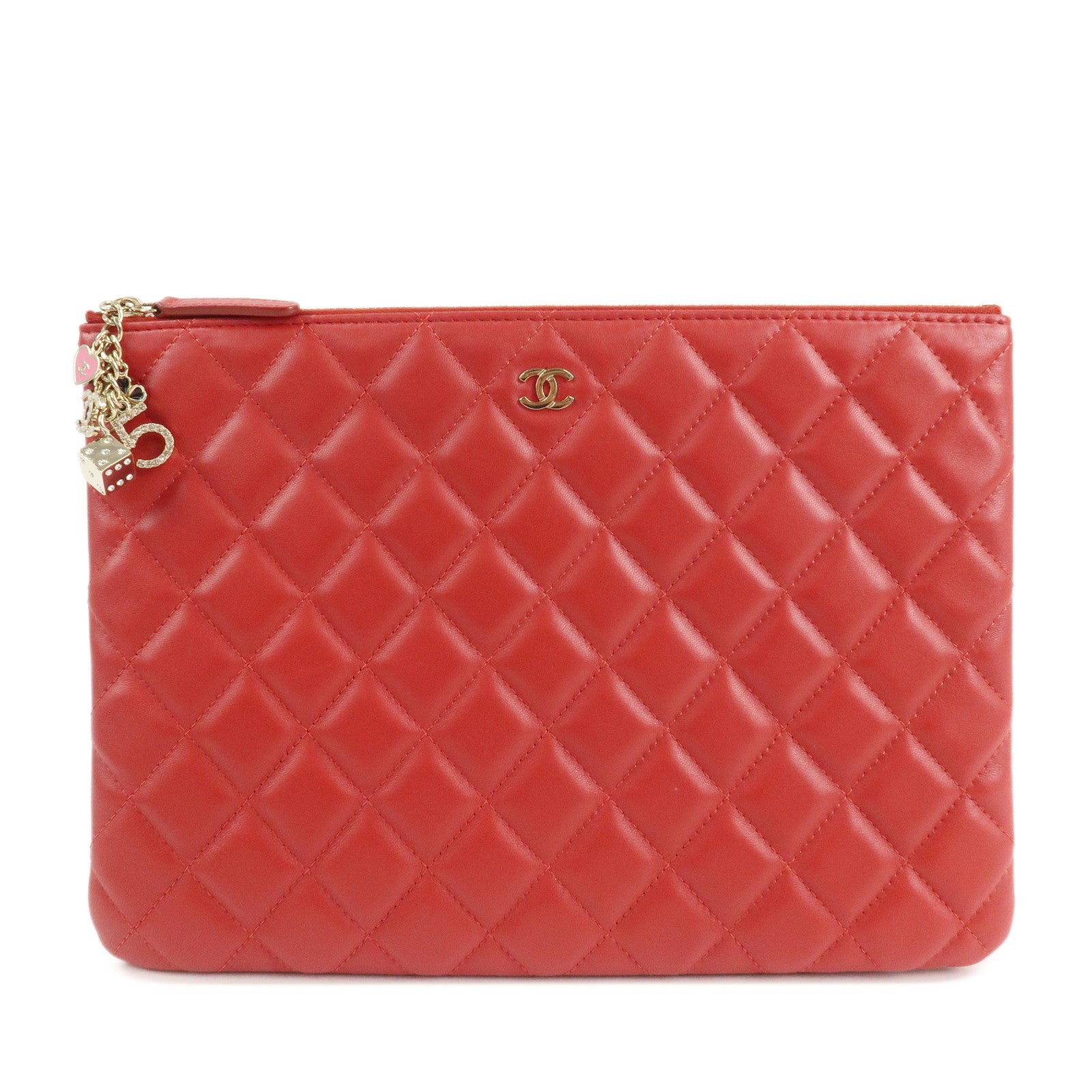 CHANEL-Matelasse-COCO-Mark-Lamb-Skin-Clutch-Bag-Red