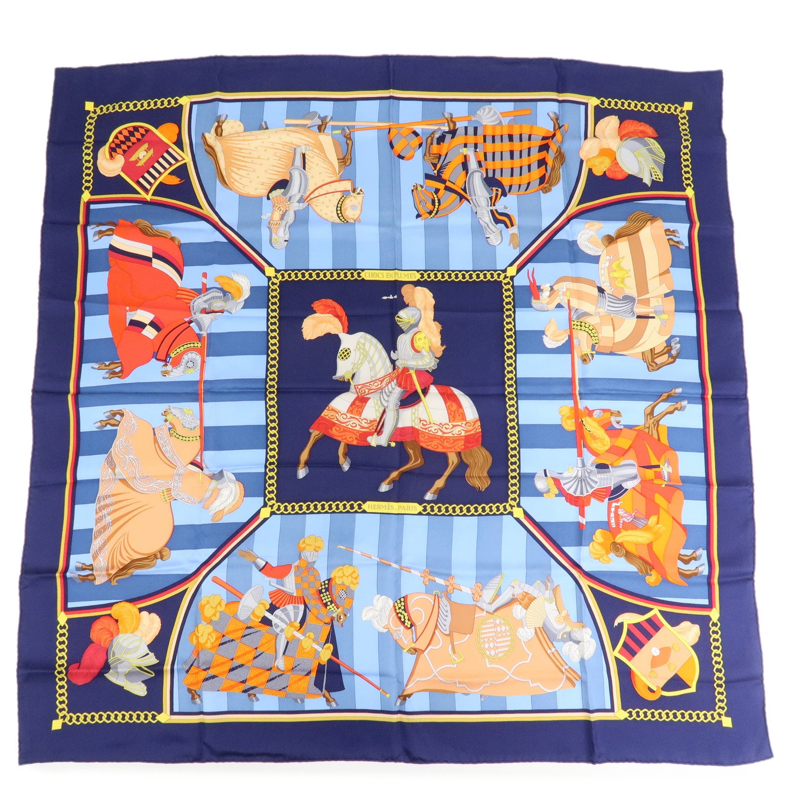 HERMES-Carre-90-Silk-100%-Scarf-CHOCS-EN-PLUMES-Navy-Blue-Red