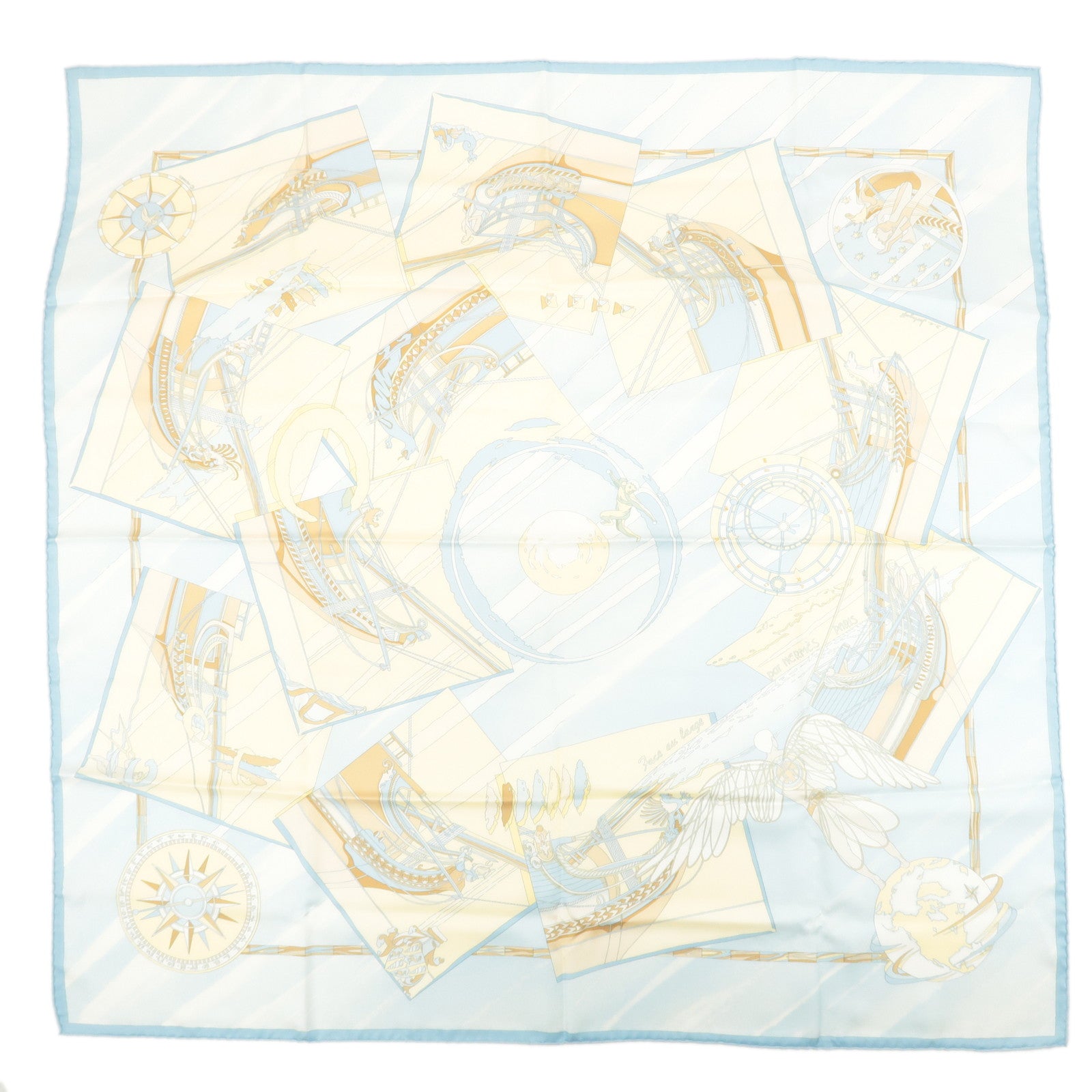 HERMES-Silk-100%-Carre-90-Scarf-Face-au-Large-Light-Blue