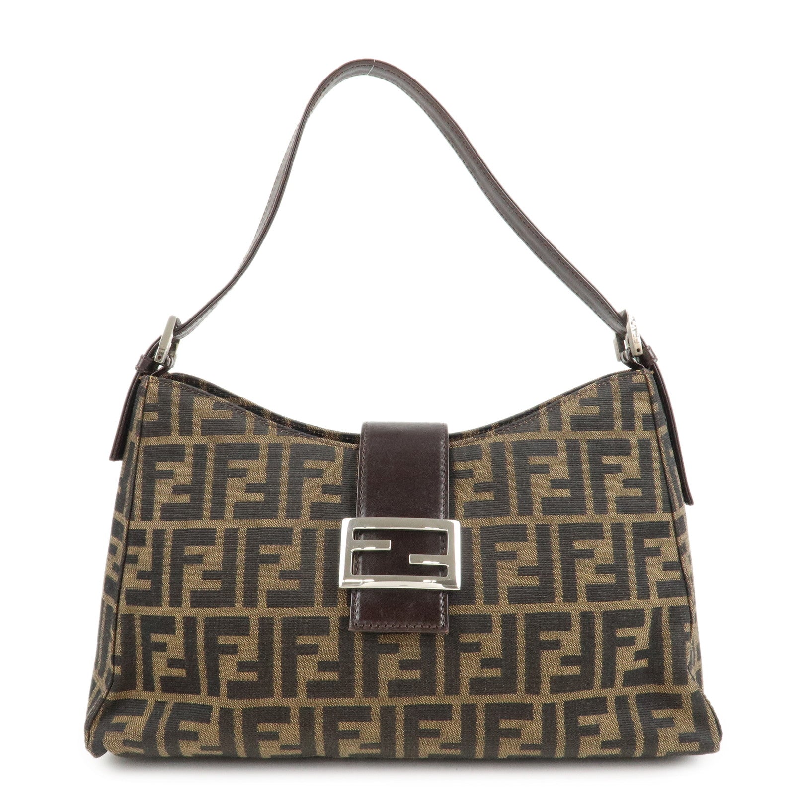 FENDI-Zucca-Canvas-Leather-Shoulder-Bag-Brown-Black-9161150001