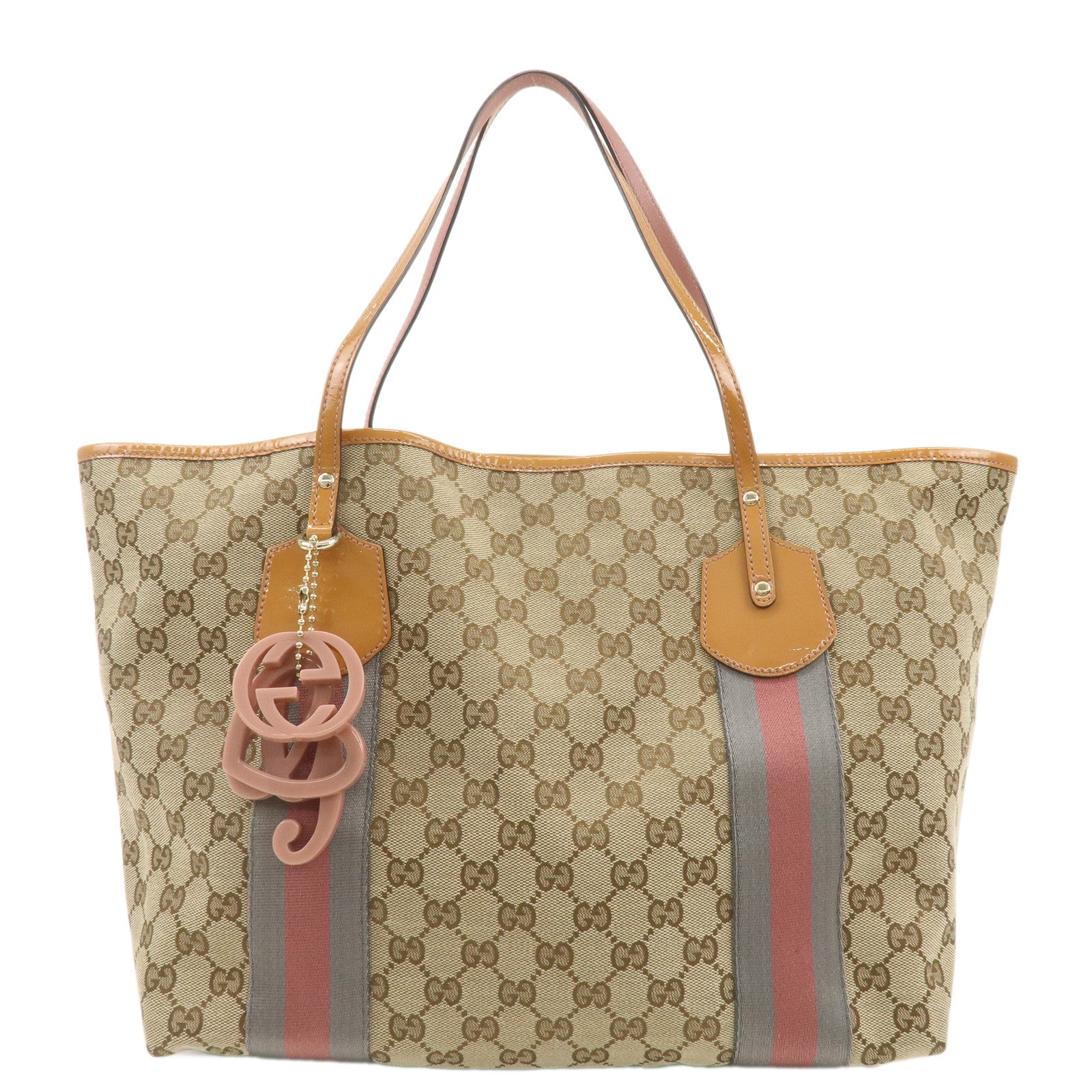 GUCCI Sherry Enamel Leather GG Canvas Tote Bag Beige 211970