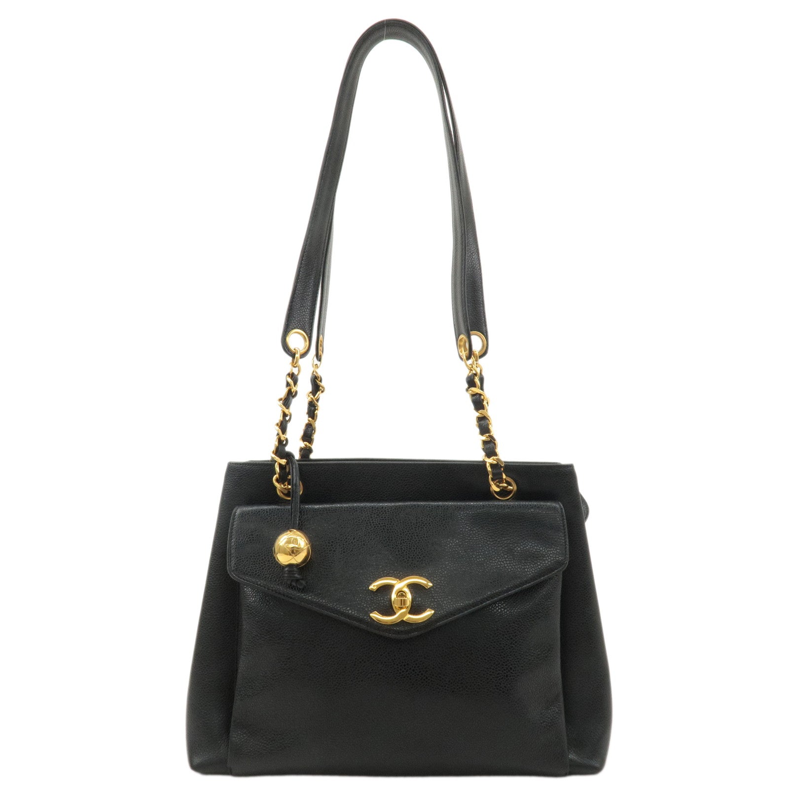 CHANEL Caviar Skin Chain Tote Bag Shoulder Bag Black Gold