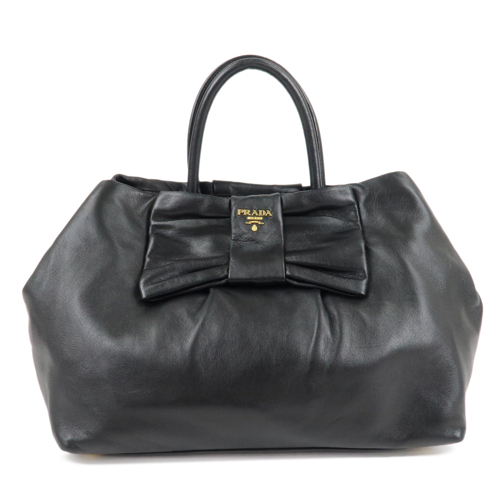 PRADA-Nappa-Leather-Ribbon-Tote-Bag-Hand-Bag-NERO-Black-BN1601