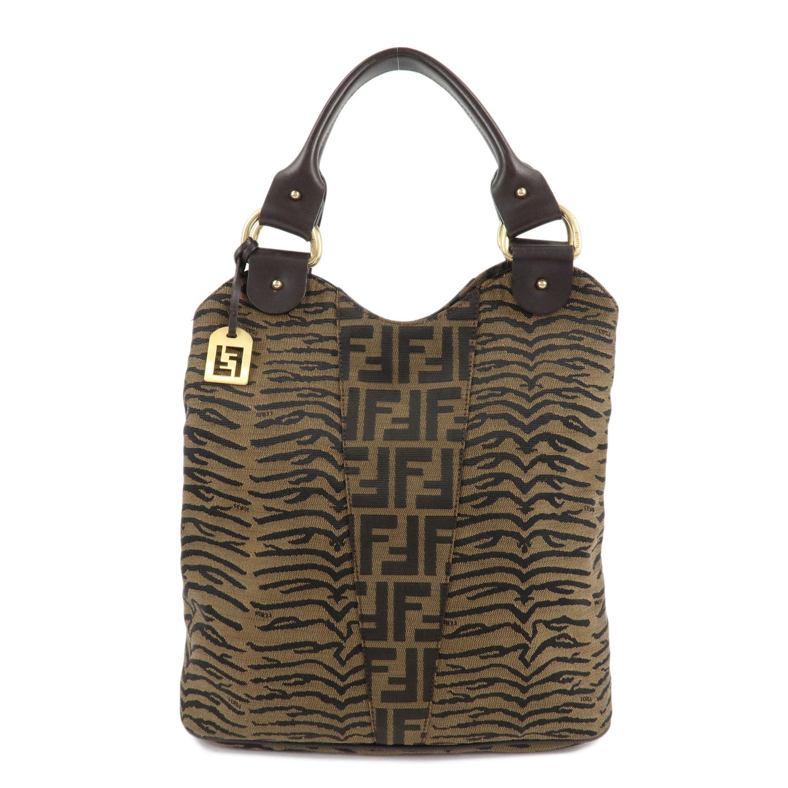 FENDI-Zucca-Canvas-Leather-Tote-Bag-Hand-Bag-8BR284-Brown-Black