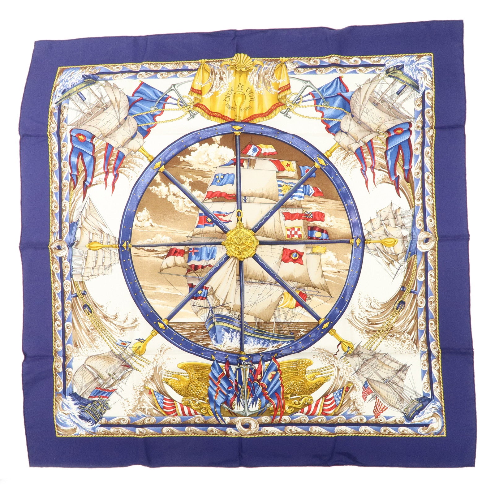 HERMES-Carre-90-Silk-100%-Scarf-Vive-levent-Navy-White-Gold