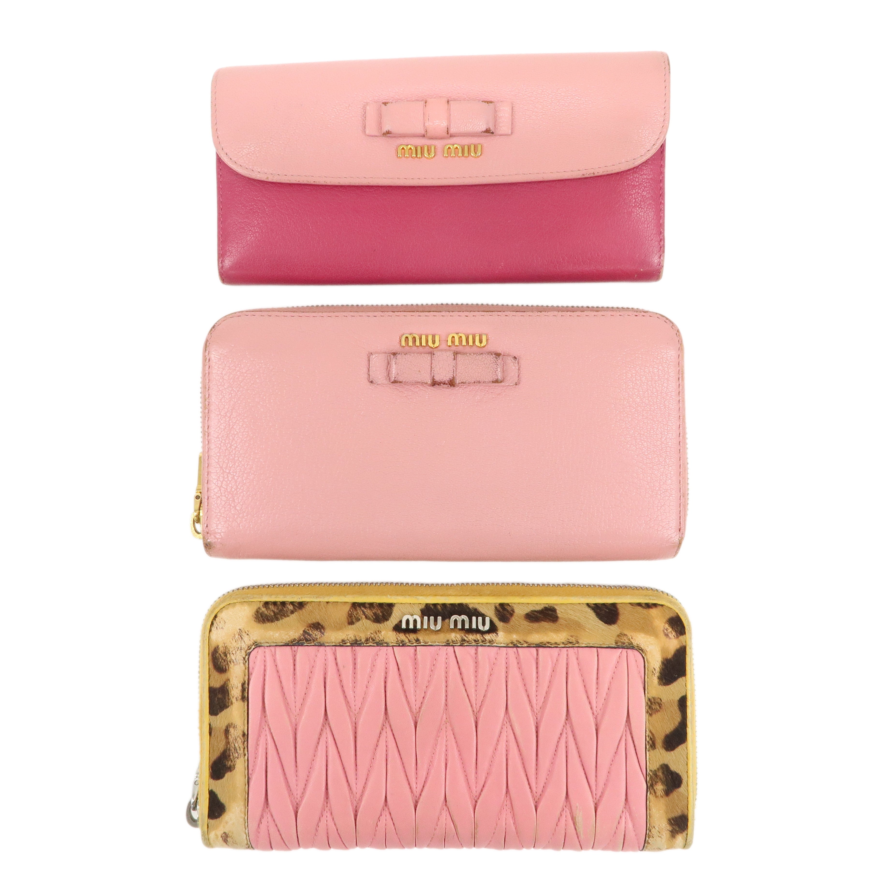 MIU-MIU-Set-of-2-Leather-Long-Zippy-Bi-fold-Wallet-Pink