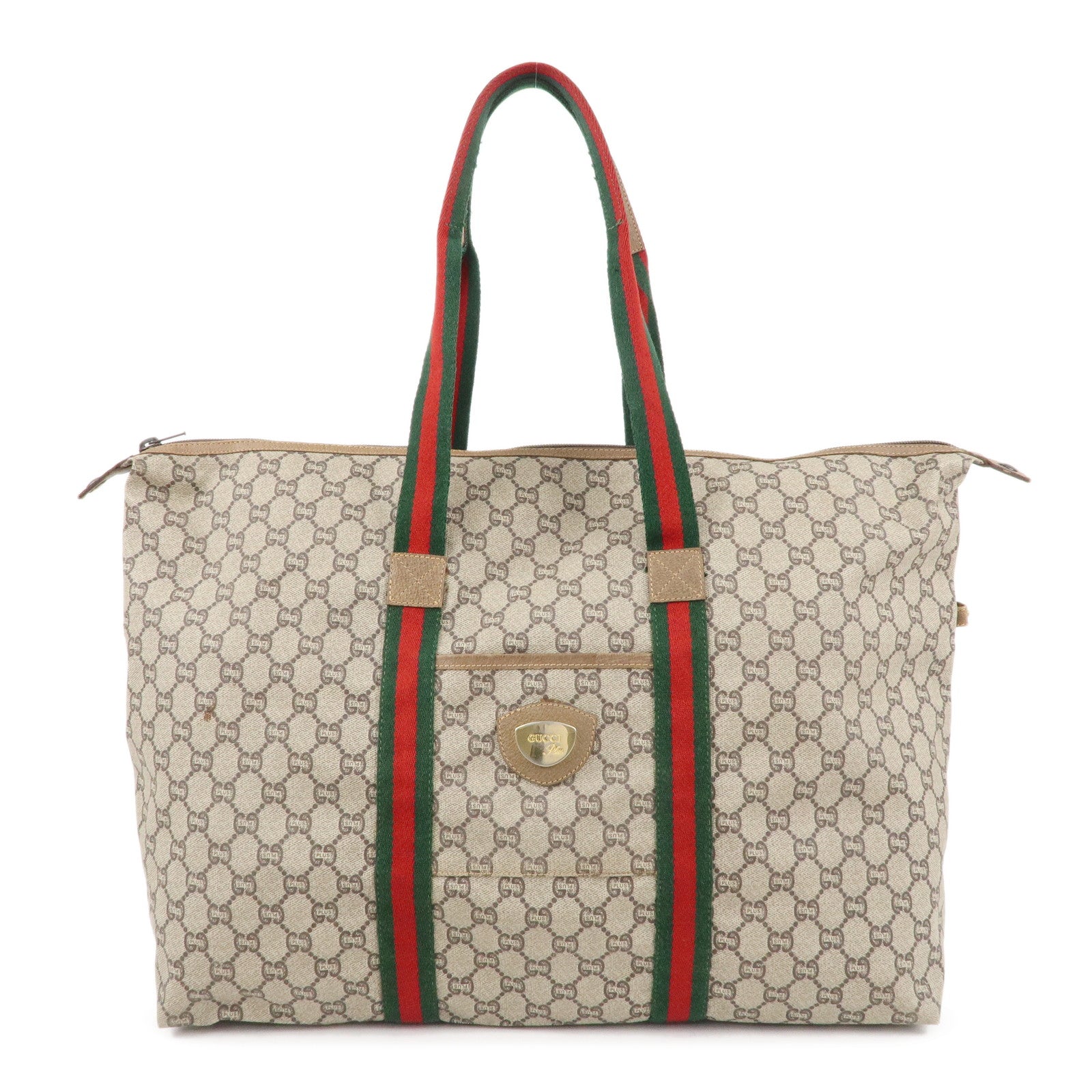 GUCCI-Old-Gucci-Sherry-GG-Plus-Leather-Travel-Bag-Boston-Bag