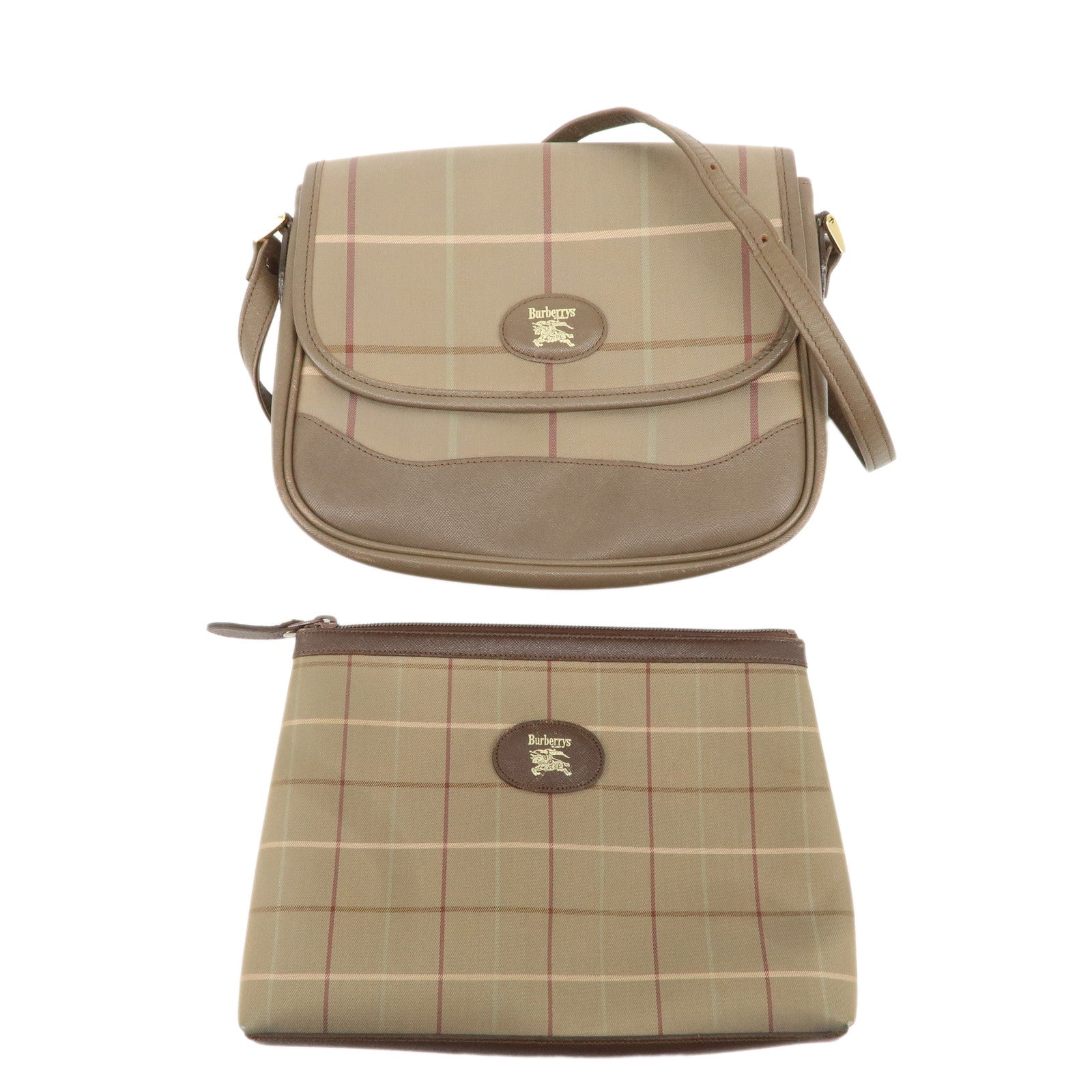 BURBERRY-Nova-Plaid-Set-of-2-Canvas-Leather-Shoulder-Bag-Pouch