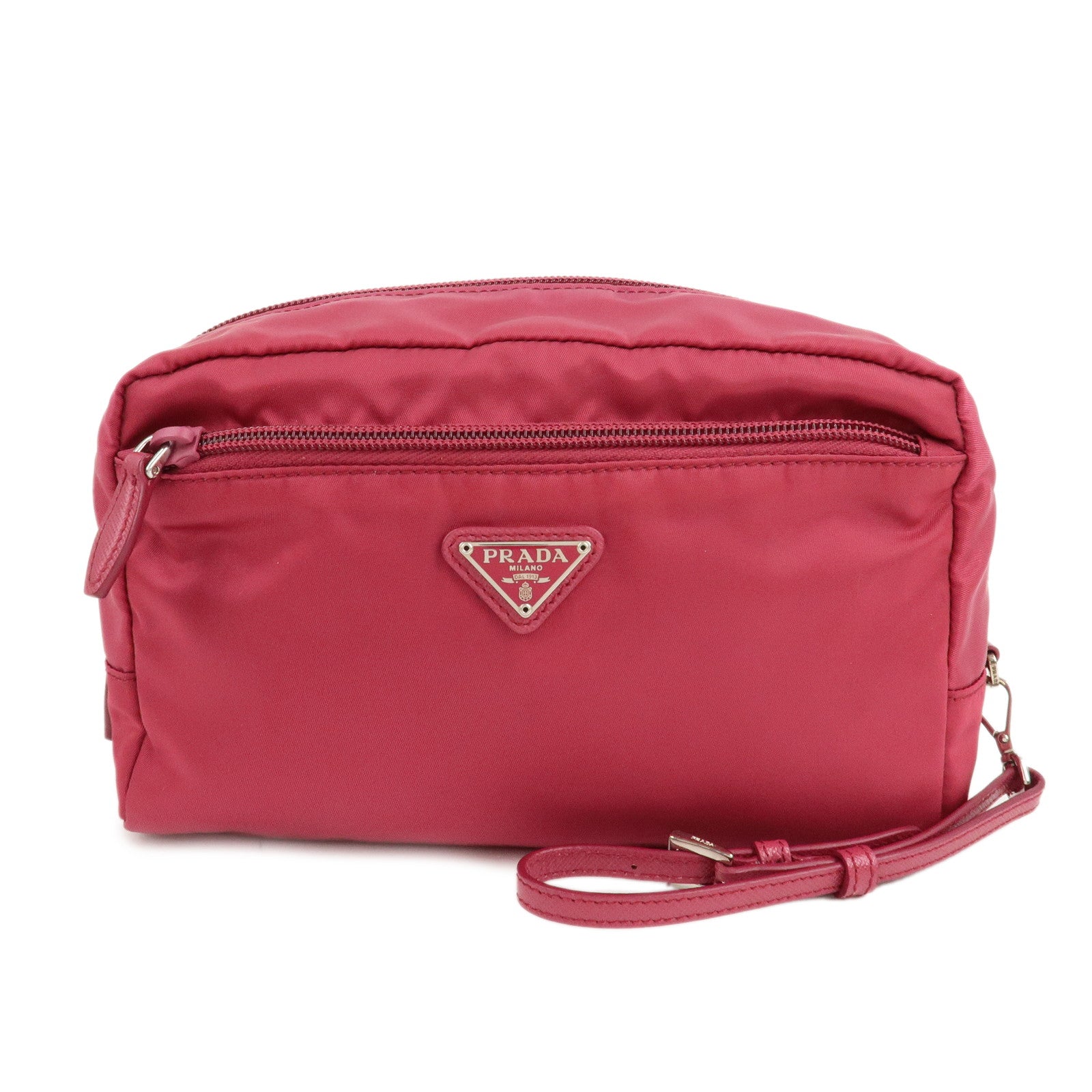 PRADA-Logo-Nylon-Leather-Pouch-Cosmetic-Pink