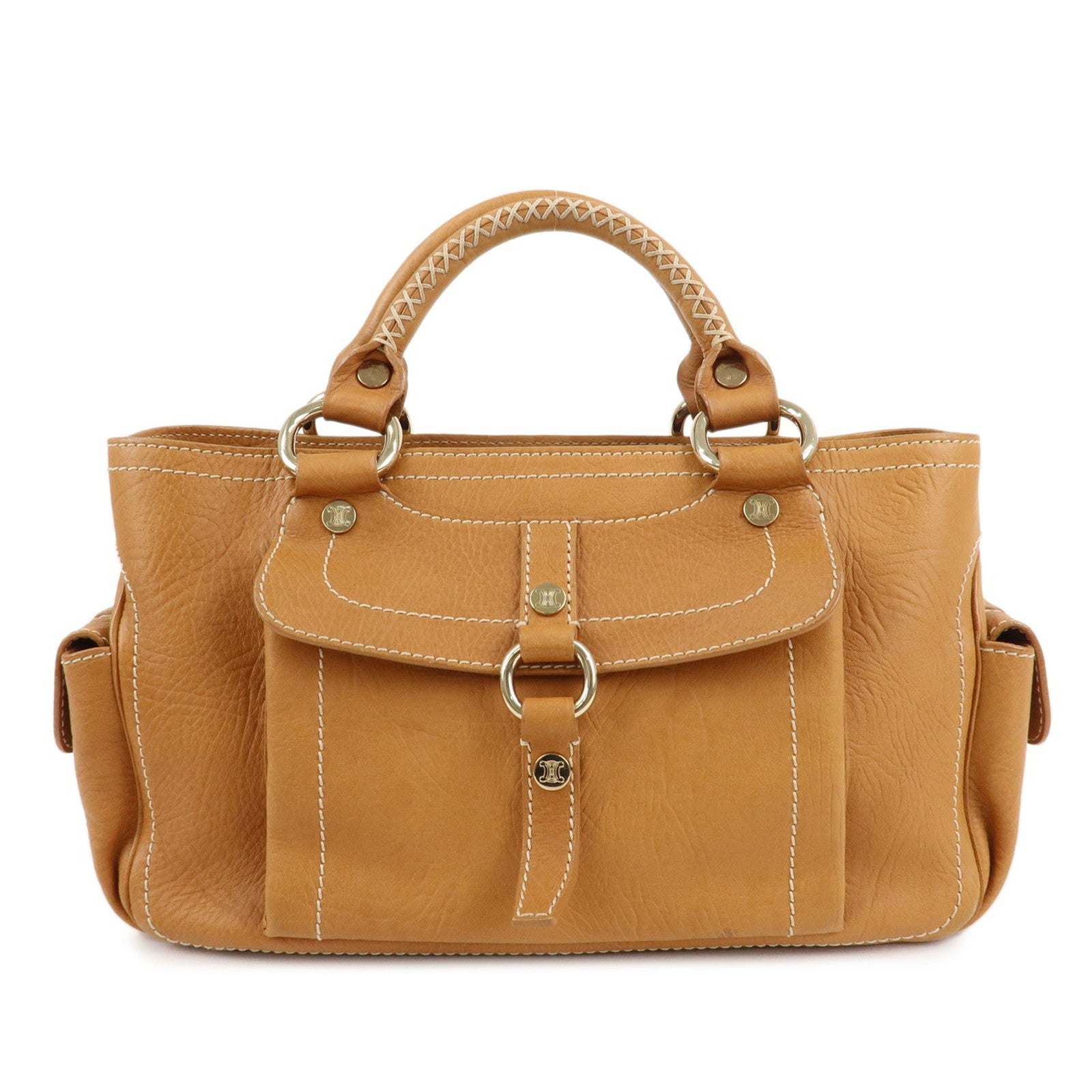 CELINE-Leather-Triomphe-Button-Boogie-Bag-Hand-Bag-Light-Brown