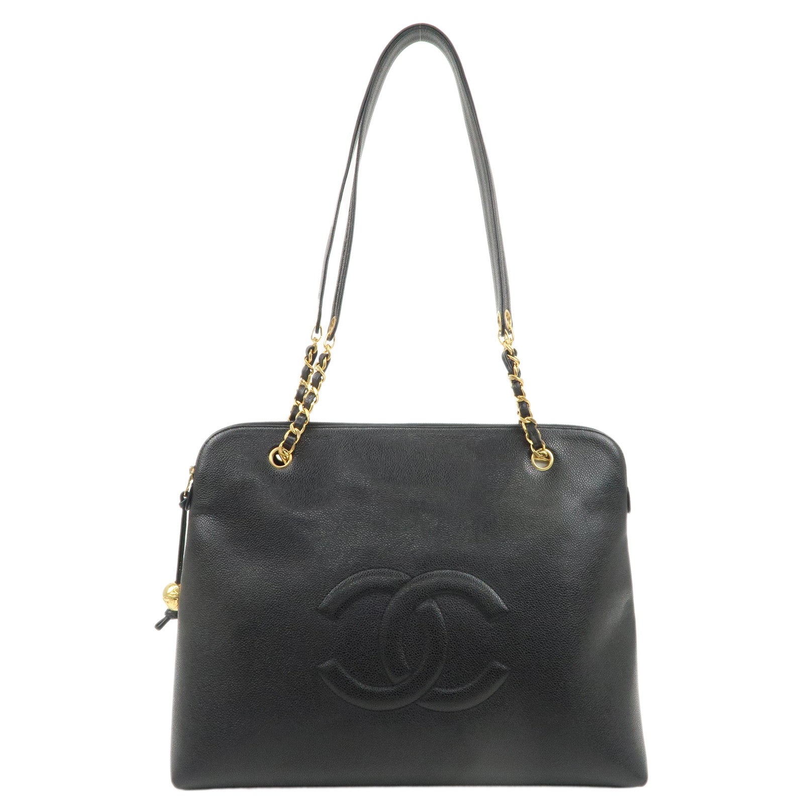 CHANEL-Caviar-Skin-Chain-Tote-Bag-Shoulder-Bag-Black-Gold-A03578