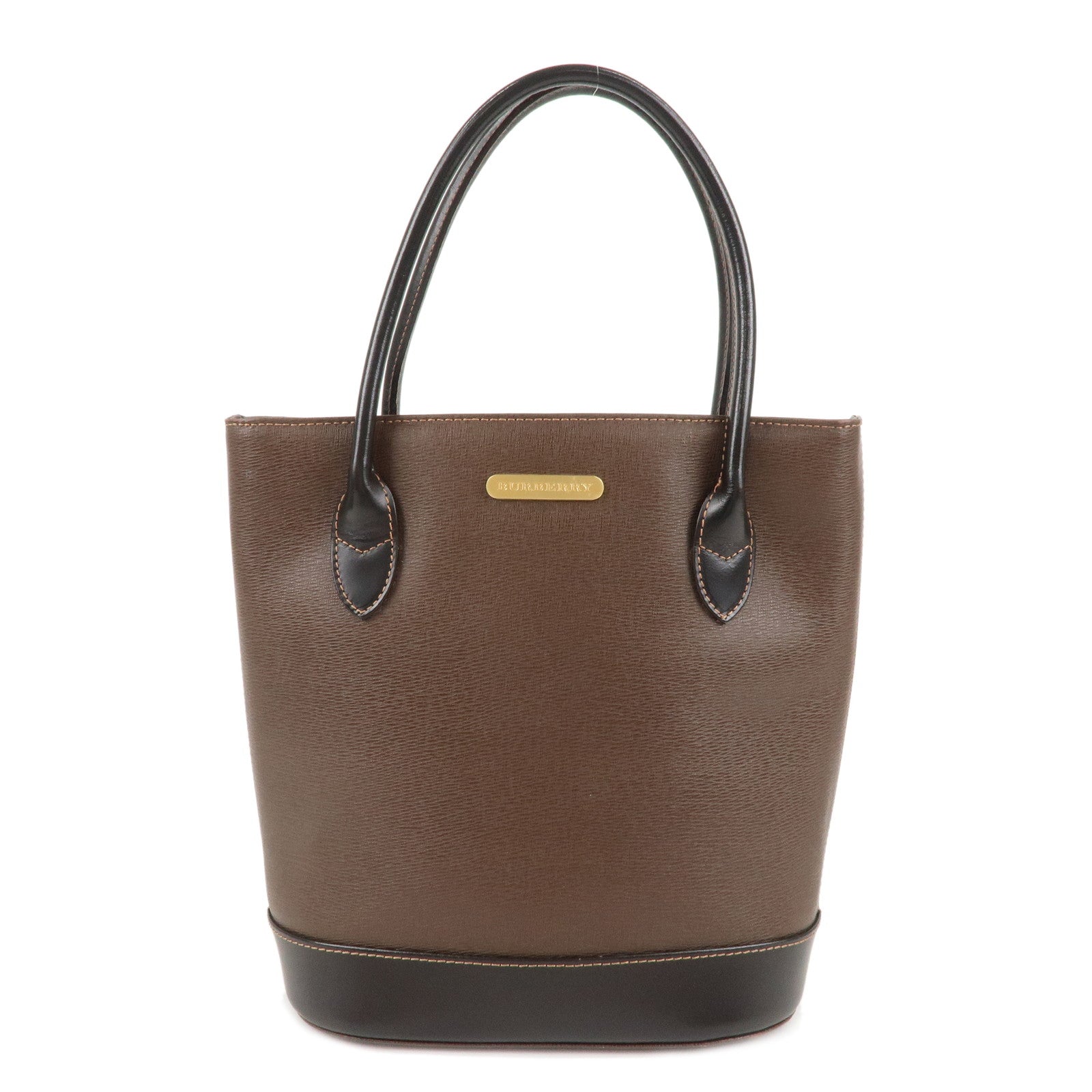 BURBERRY-Leather-Tote-Bag-Hand-Bag-Brown-Gold-Hardware