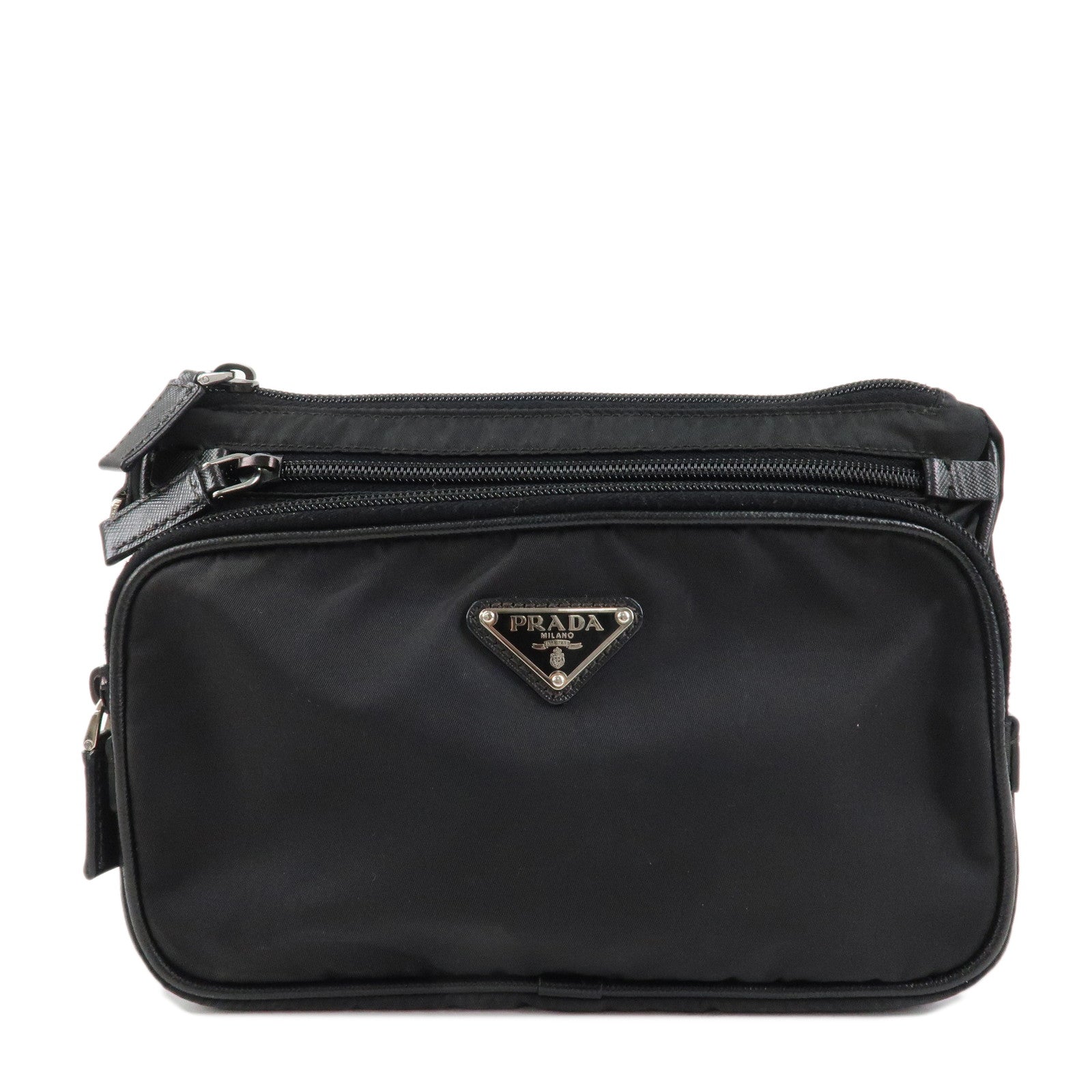 PRADA-Logo-Nylon-Leather-Clutch-Bag-Travel-Pouch-Black