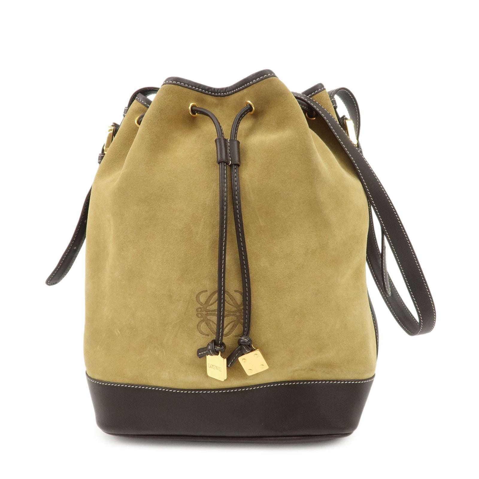 LOEWE-Anagram-Suede-Leather-Drawstring-Shoulder-Bag-Beige-Brown