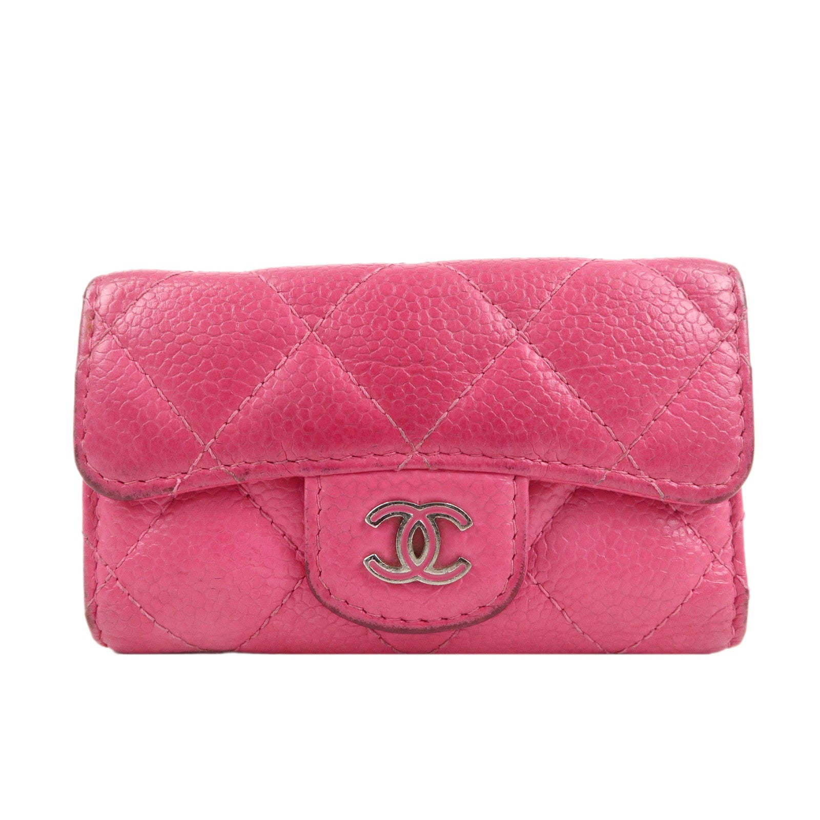 CHANEL-Matelasse-Caviar-Skin-6-Rings-Key-Case-Hot-Pink-A31503