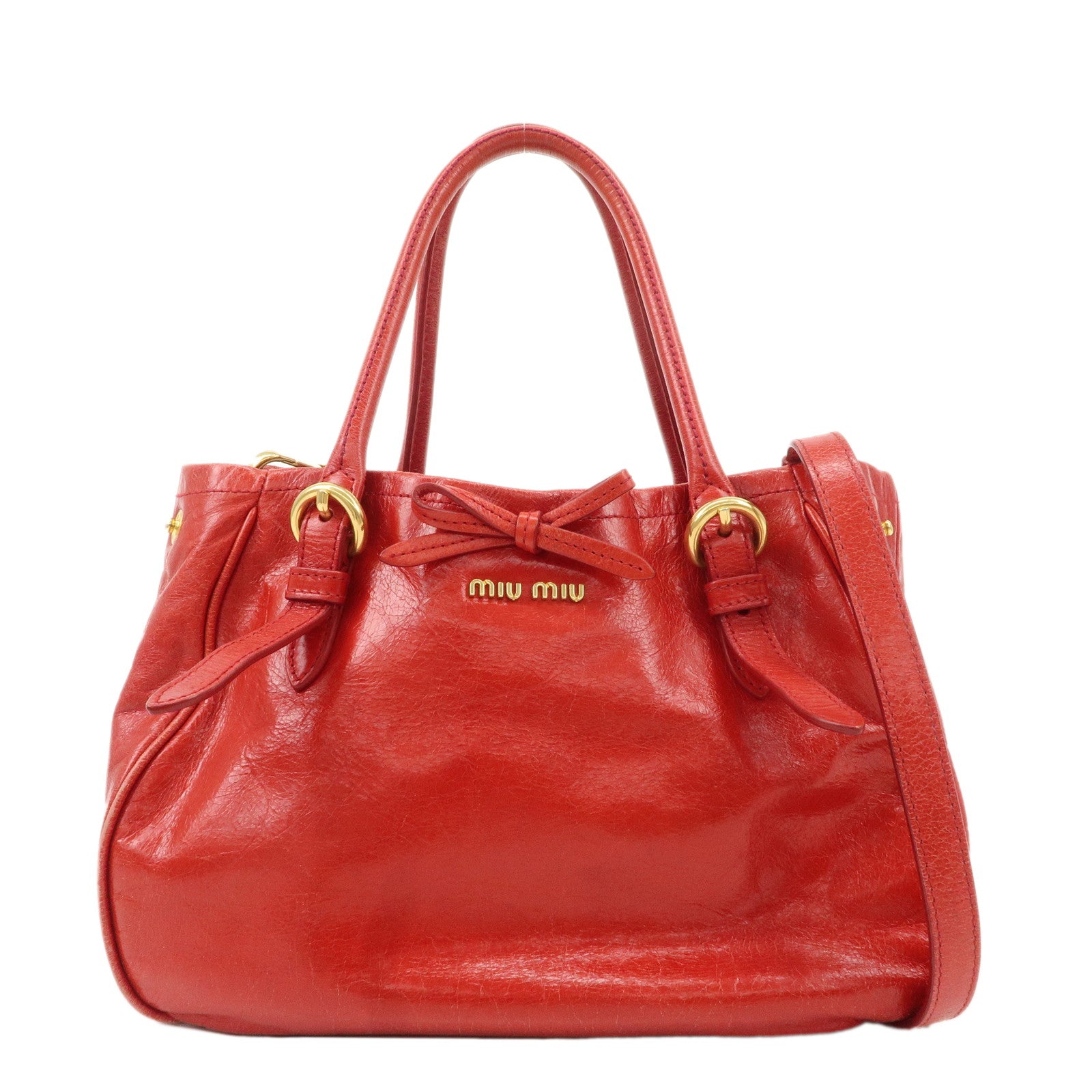 MIU-MIU-Leather-2WAY-Bag-Hand-Bag-Shoulder-Bag-Gold-HDW-Red