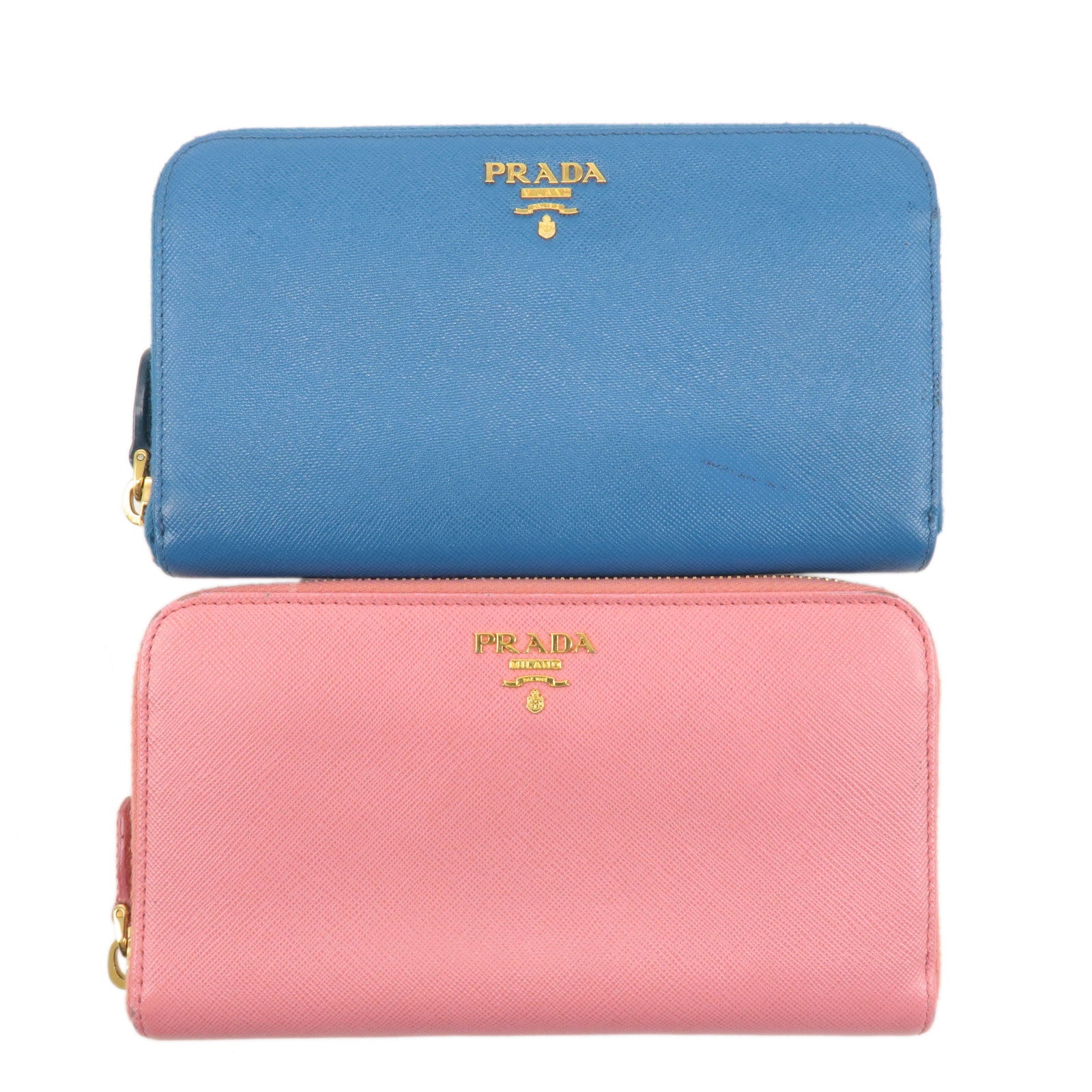 PRADA Set of 2 Saffiano Leather Round Zipper Long Wallet Pink Blue