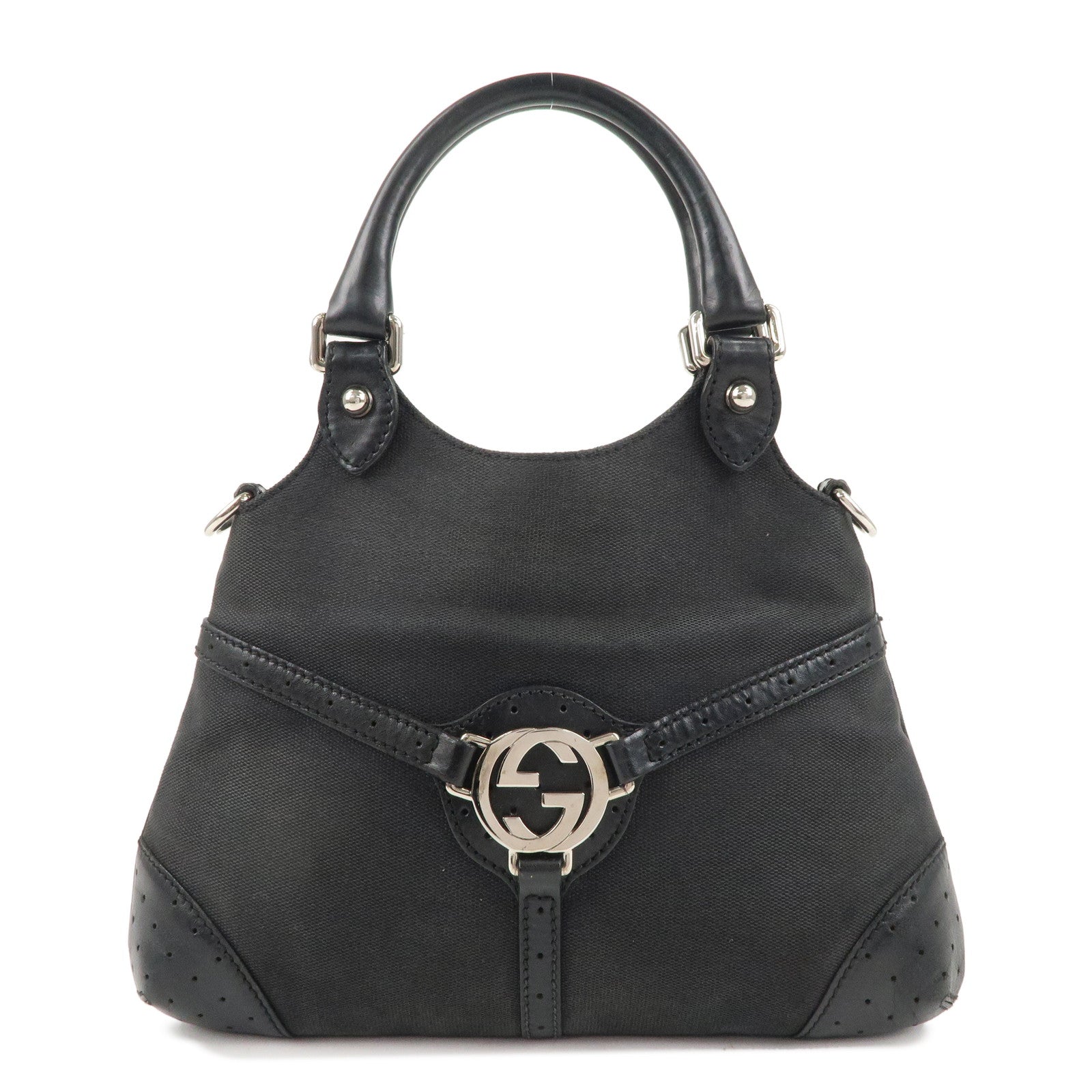 GUCCI-Interlocking-G-Canvas-Leather-Handbag-Black-114873