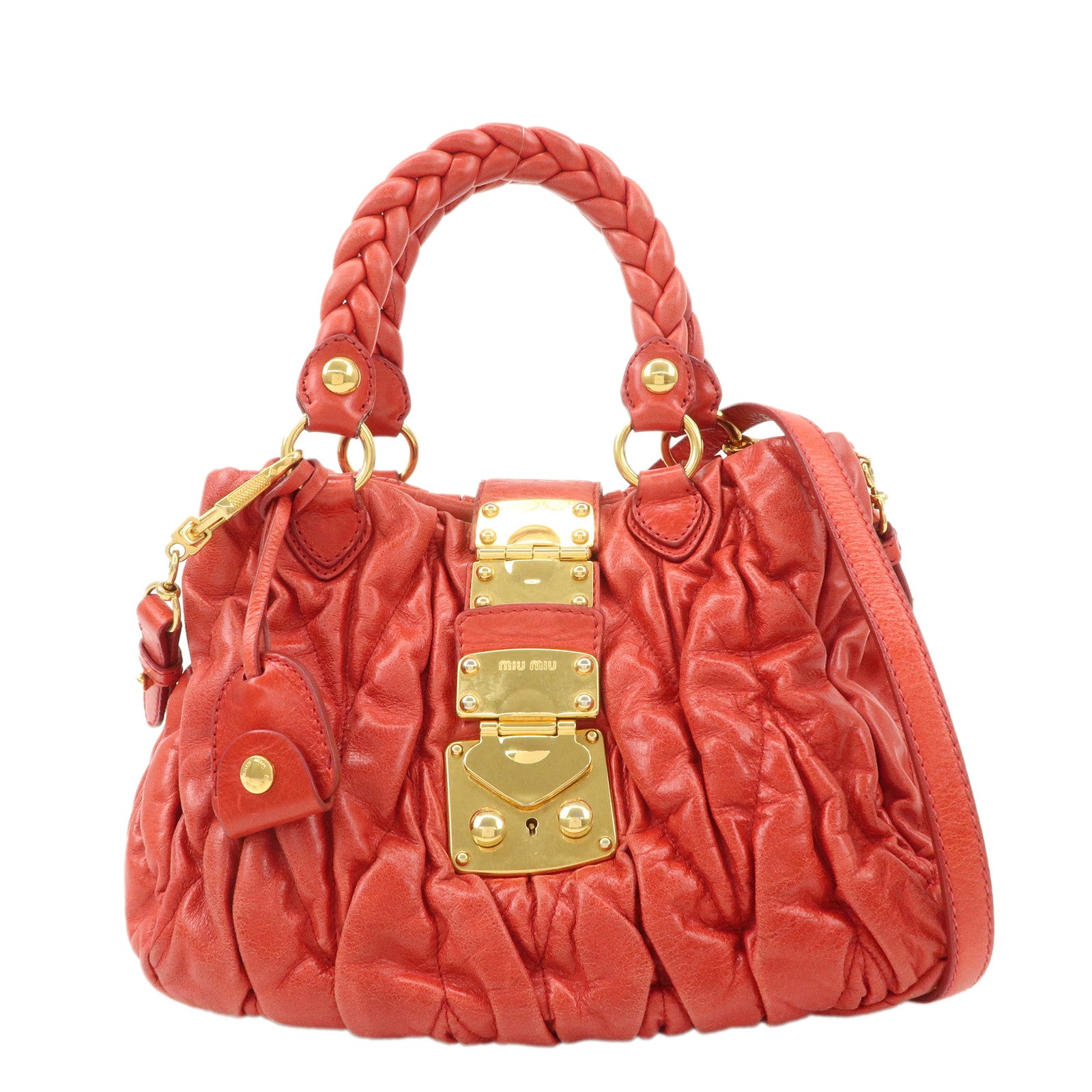 MIU-MIU-Matelasse-Leather-2Way-Bag-Shoulder-Bag-Hand-Bag-Red