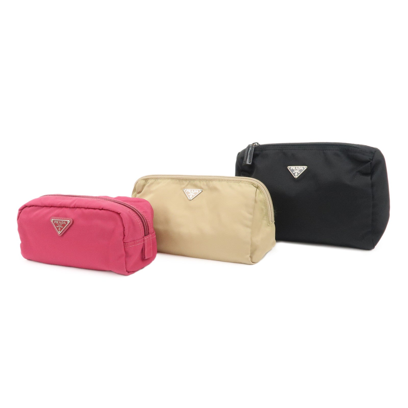 PRADA-Set-of-3-Nylon-Leather-Pouch-Black-Beige-Pink-MV693