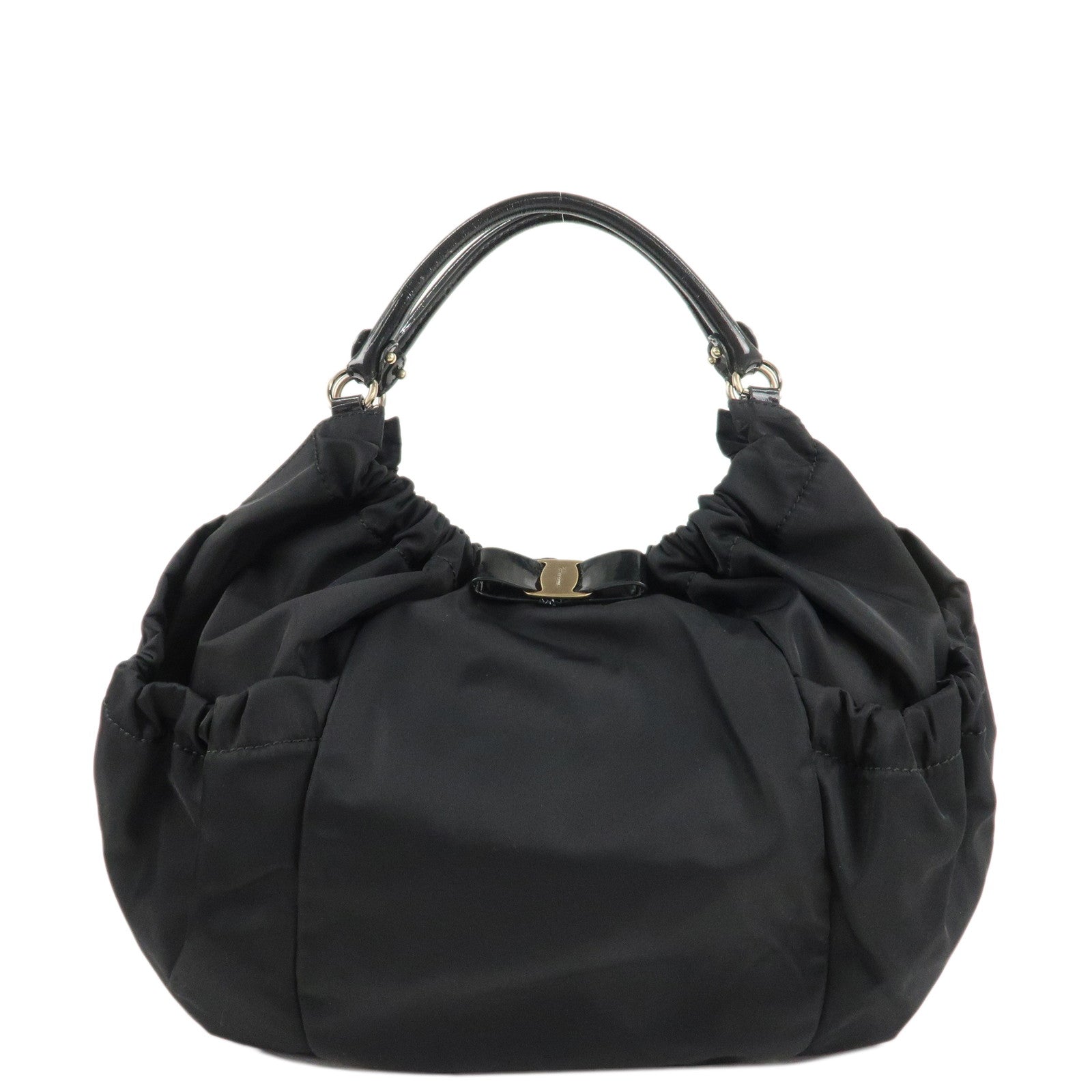 Ferragamo-Nylon-Patent-Leather-Shoulder-Bag-Hand-Bag-Black