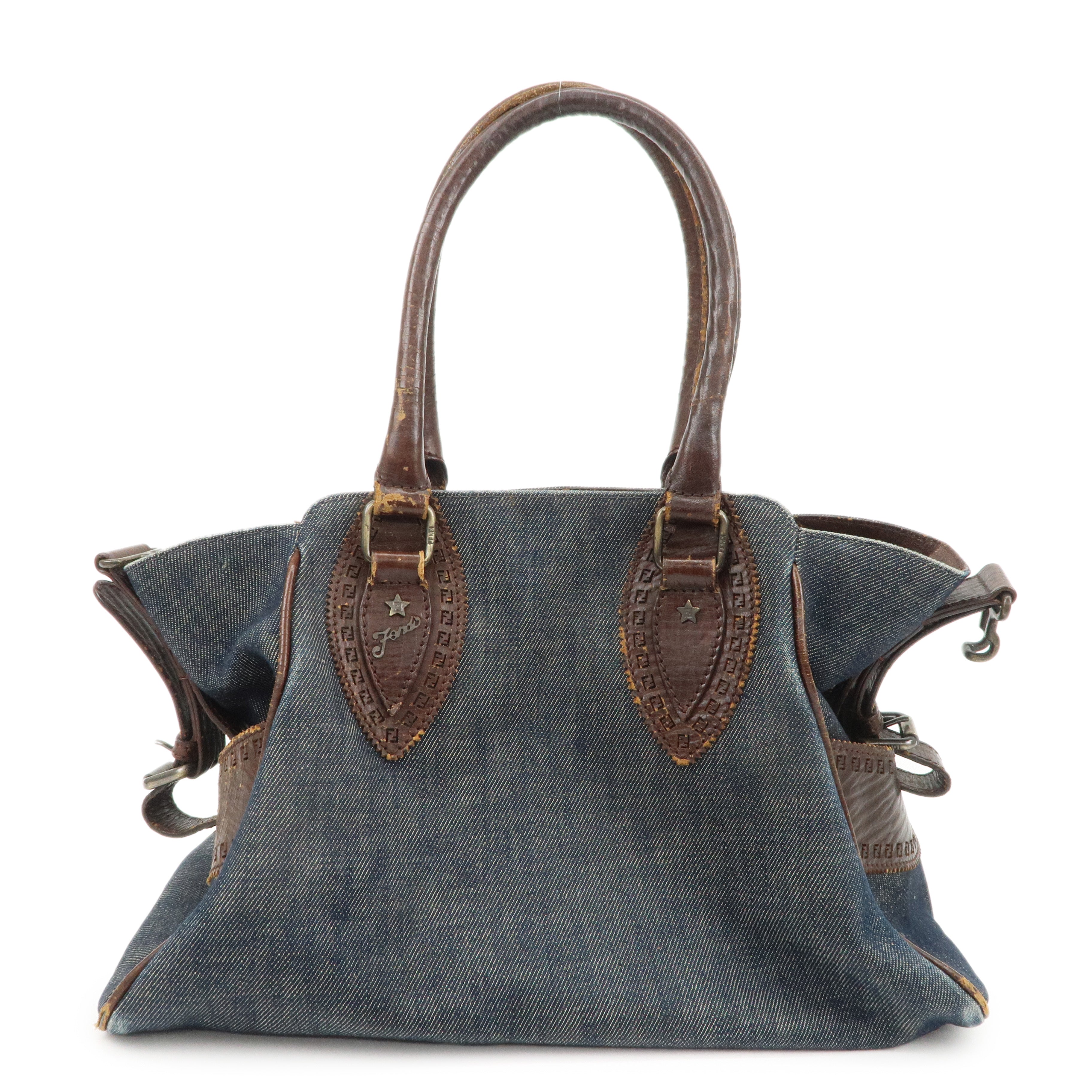 FENDI-Ethnico-Denim-Leather-Shoulder-Bag-Blue-Brown-8BN157