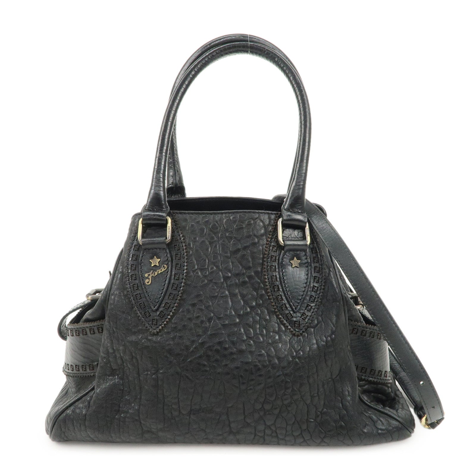 FENDI-Ethnico-Zucca-Canvas-Leather-Shoulder-Bag-Black-8BN157