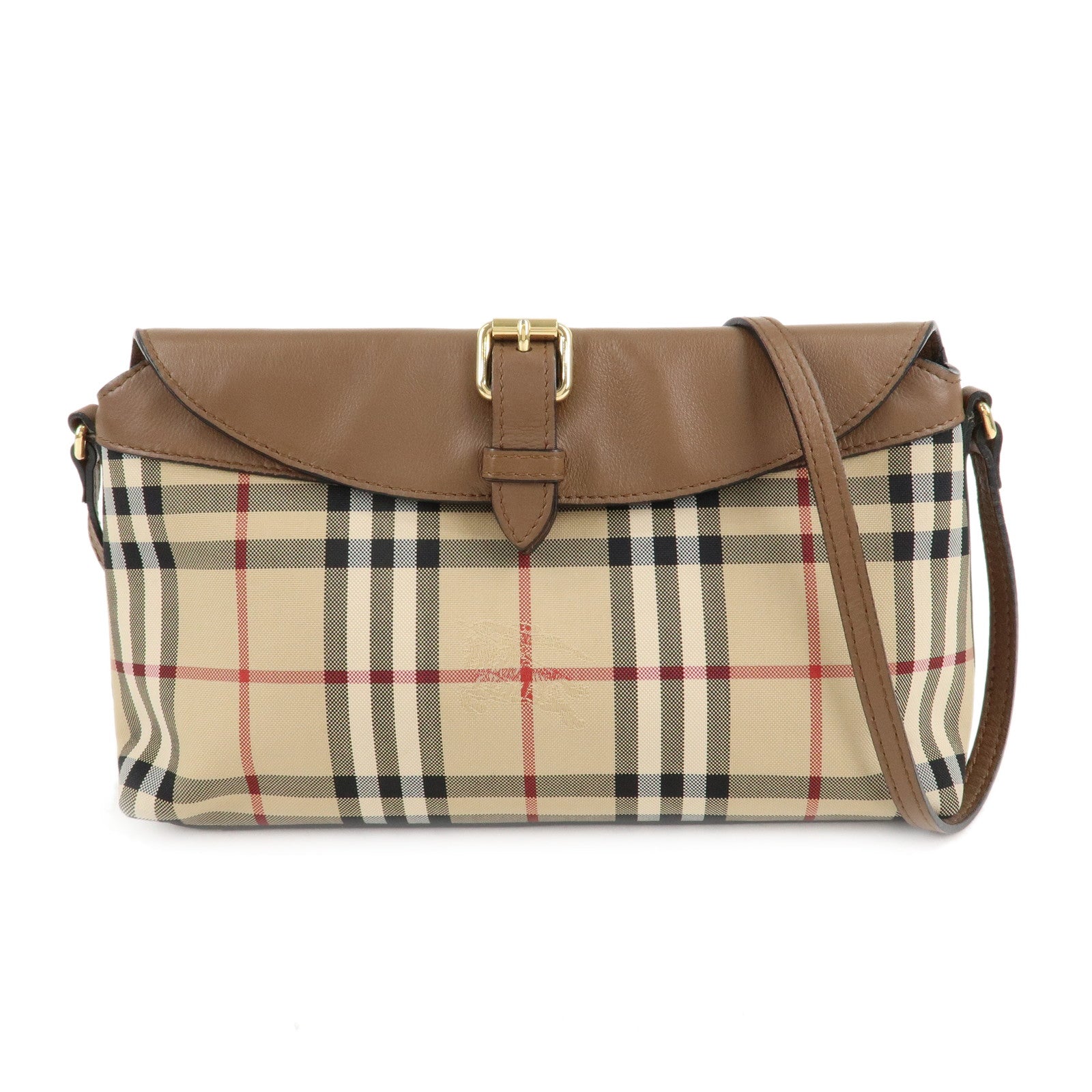 BURBERRY-Nylon-Leather-Nova-Plaid-Shoulder-Bag-Beige-Brown