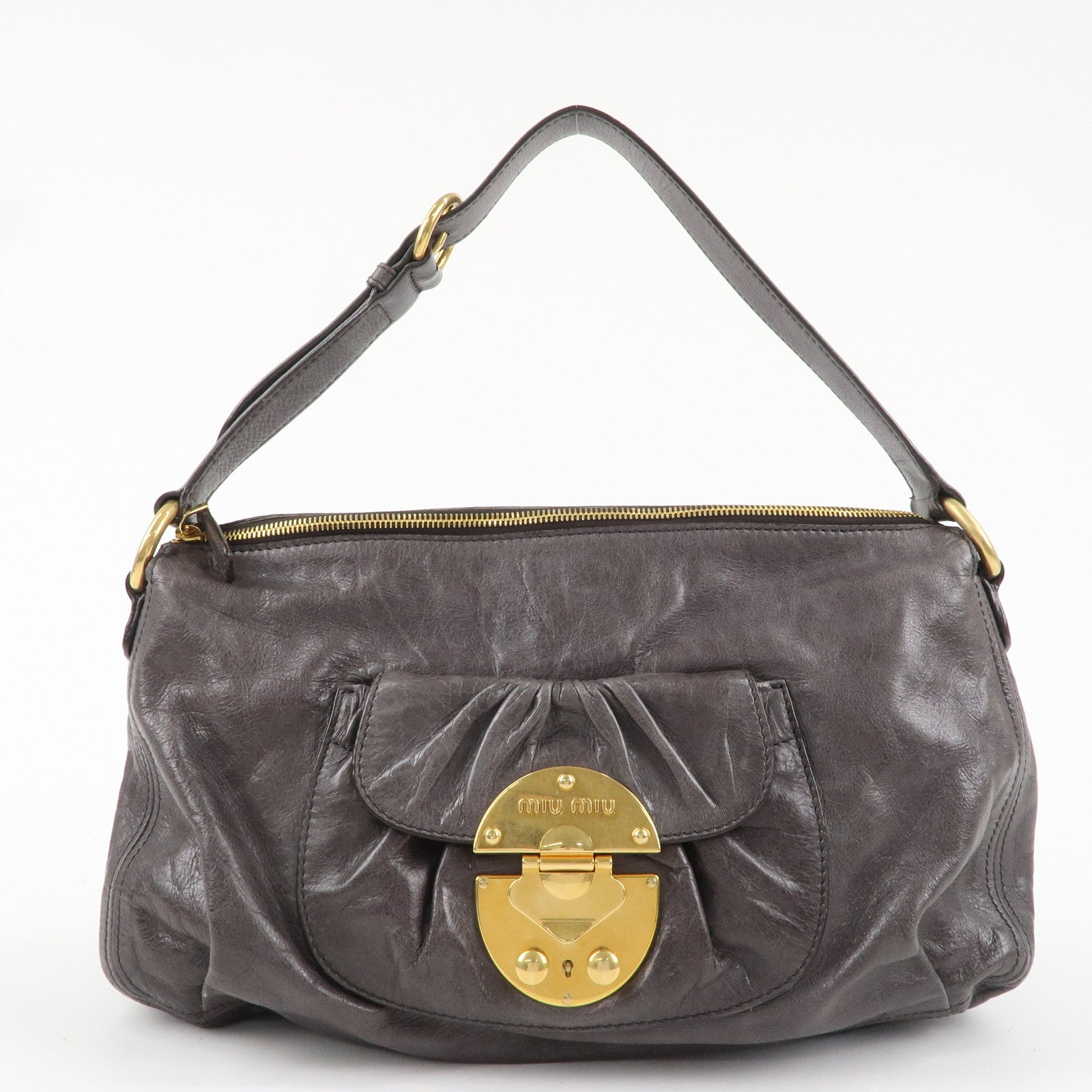 MIU-MIU-Logo-Leather-One-Shoulder-Bag-Hand-Bag-Gray