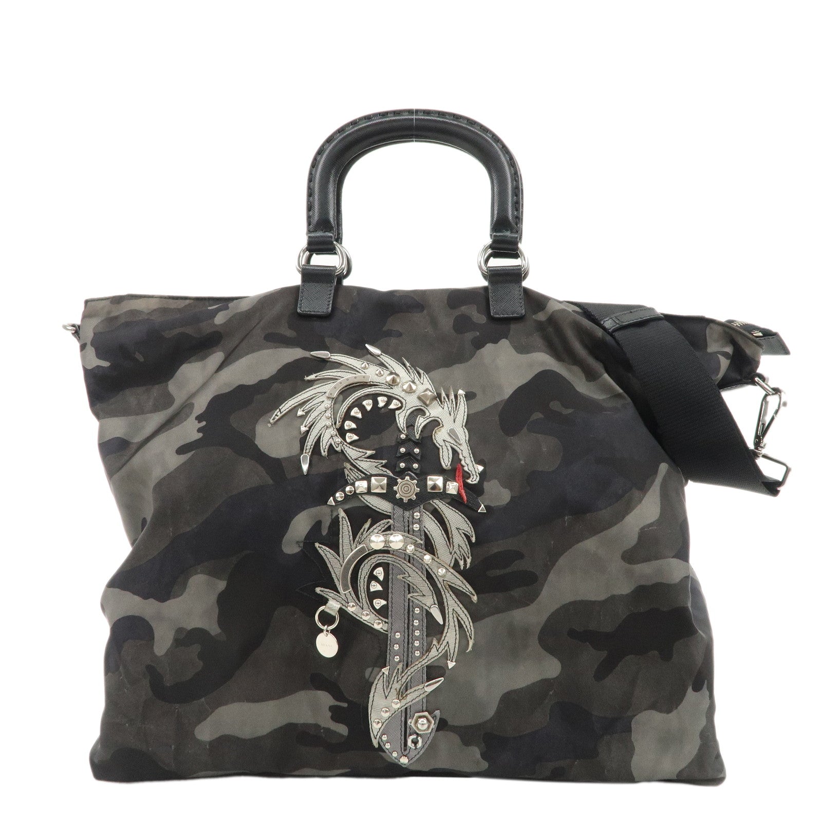 PRADA-Logo-Nylon-Leather-2Way-Shoulder-Bag-Camouflage-Dragon-VA889