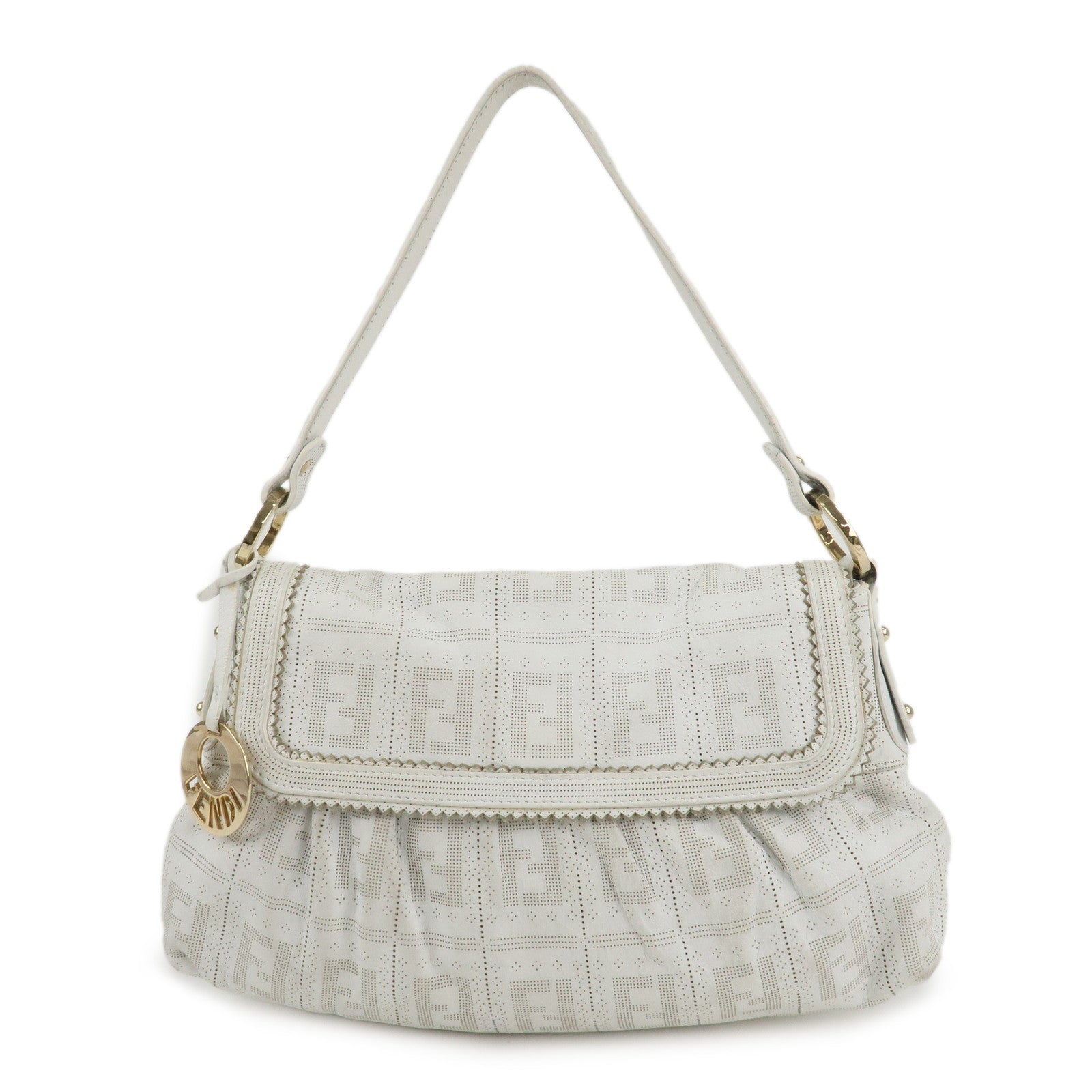 FENDI-Zucca-Leather-Shoulder-Bag-Hand-Bag-White-8BR445