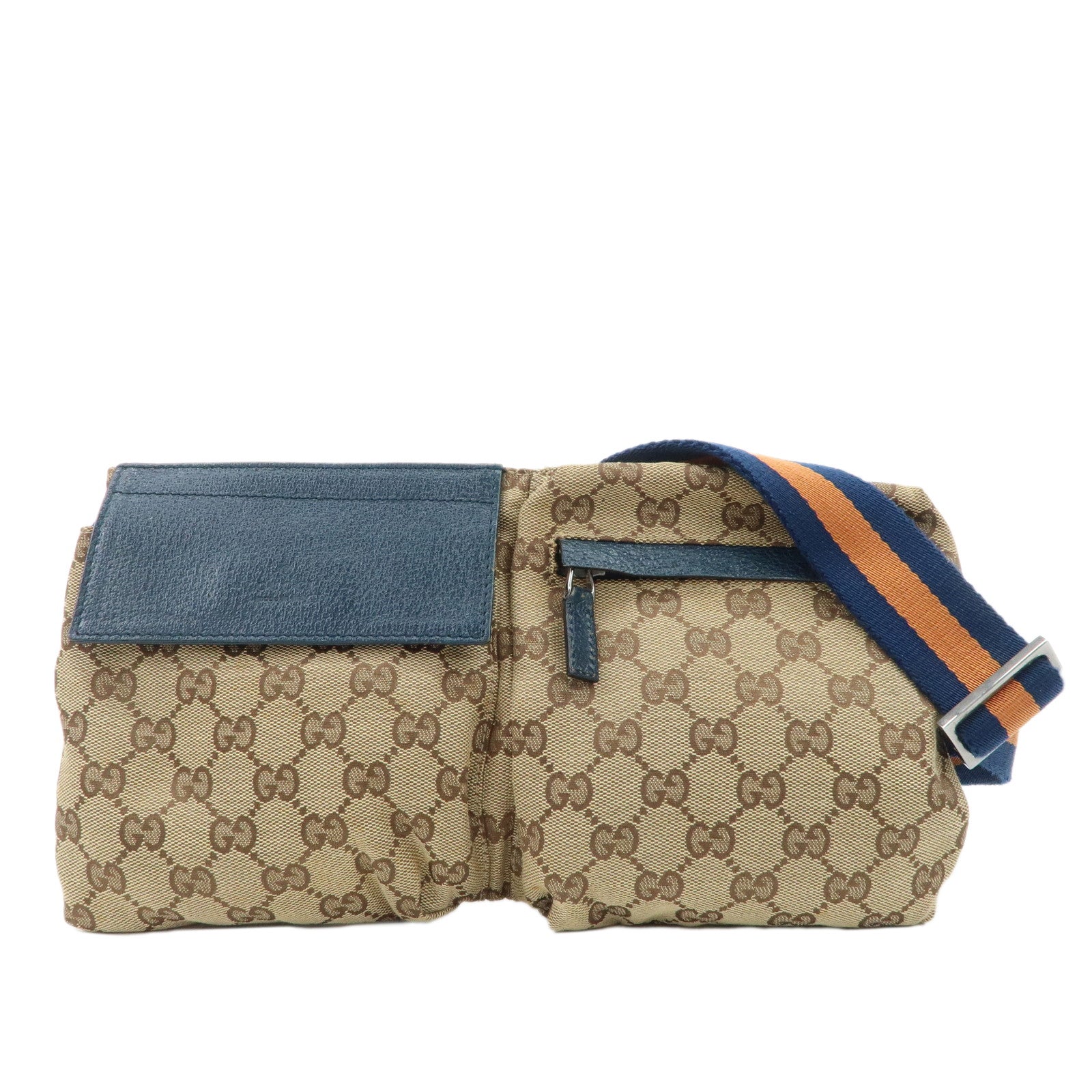 GUCCI-GG-Canvas-Leather-Waist-Bag-Waist-Pouch-Beige-Navy-28566