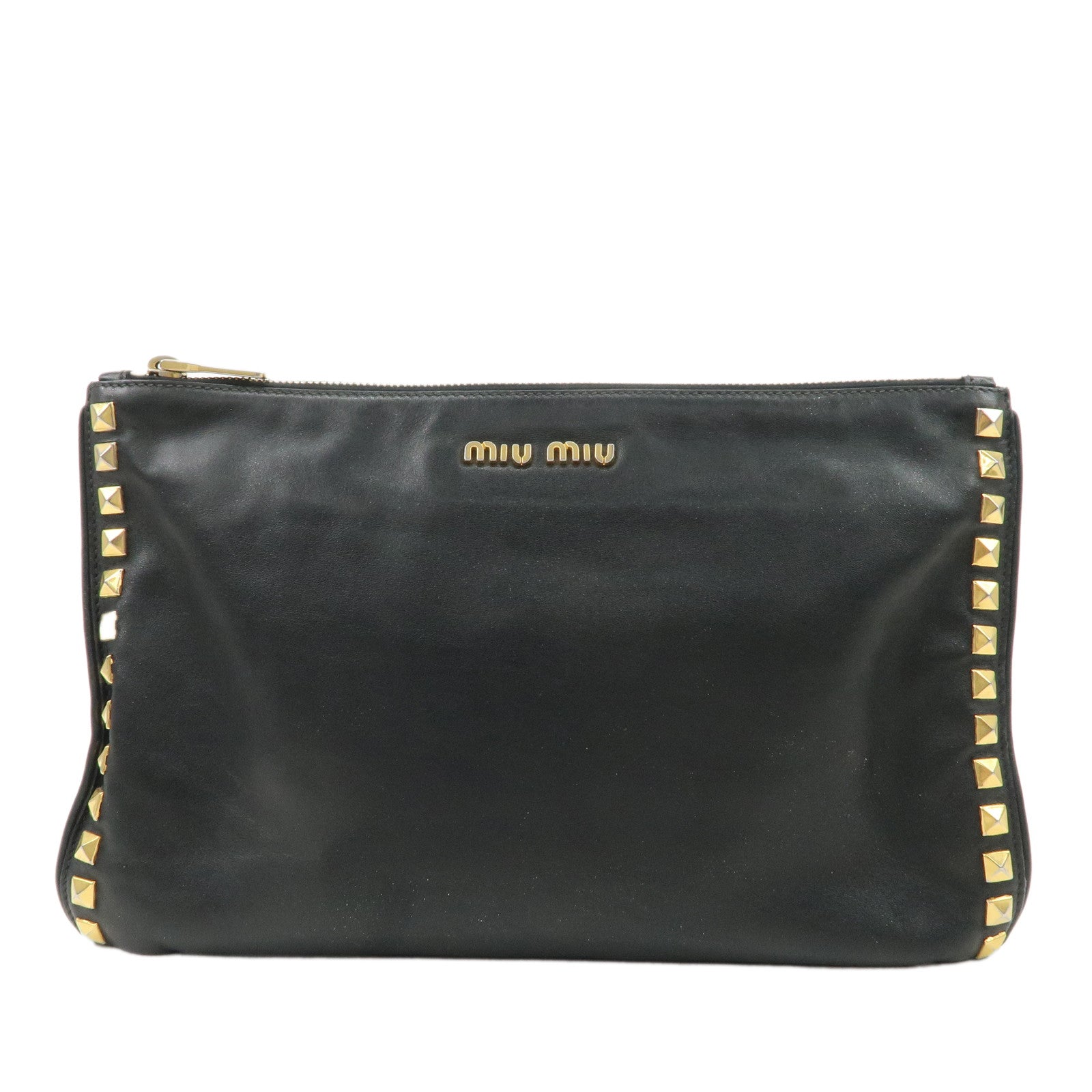 MIU-MIU-Leather-Clutch-Bag-Hand-Bag-Black-Gold-Hardware