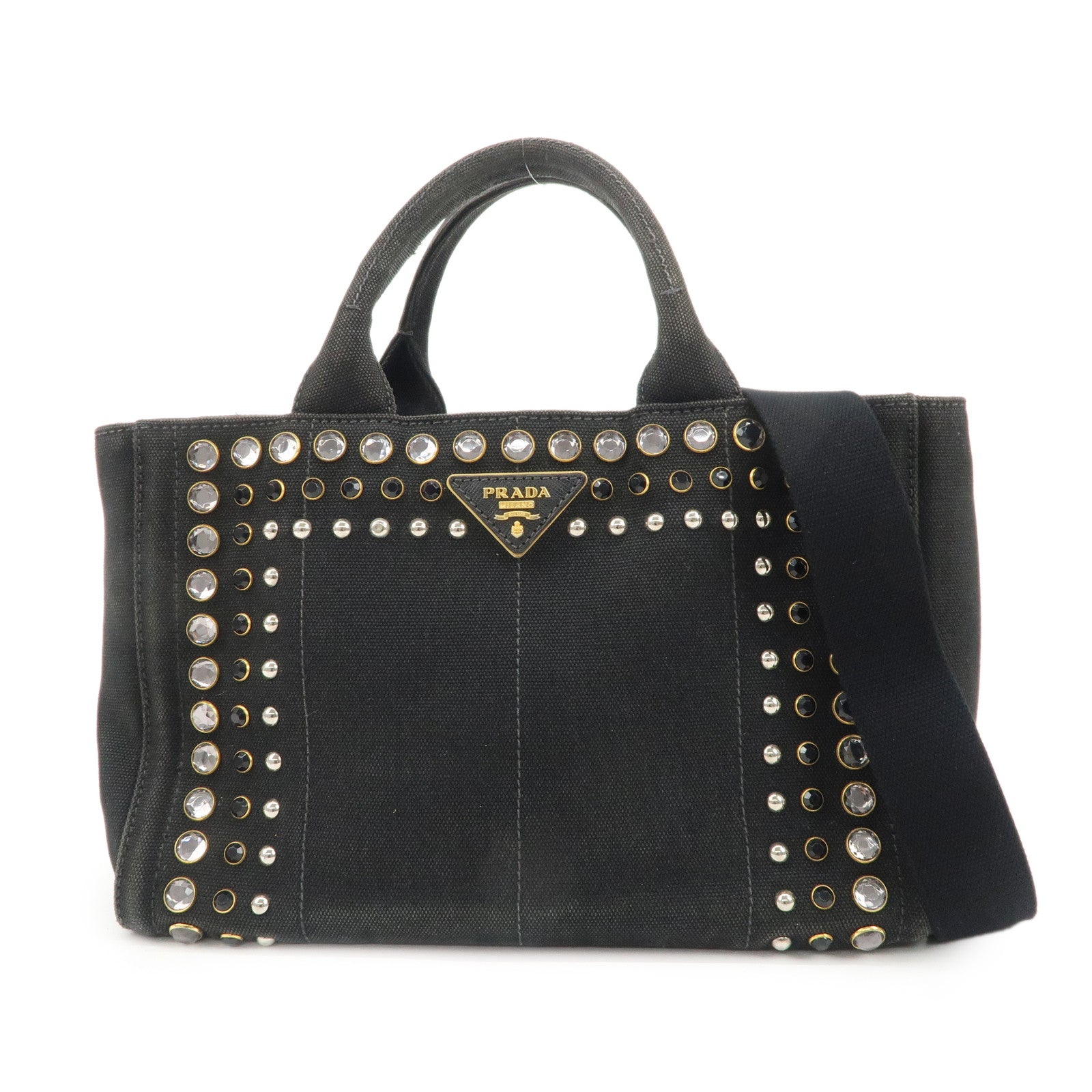 PRADA-Mini-Canapa-Bijou-Studs-Canvas-2Way-Bag-Black-B24390