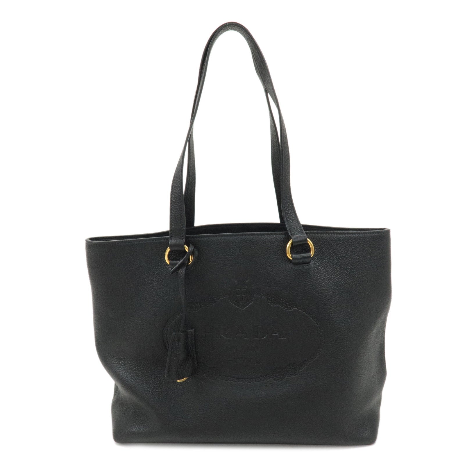 PRADA-Logo-Leather-Tote-Bag-Shoulder-Bag-NERO-Black-1BG100