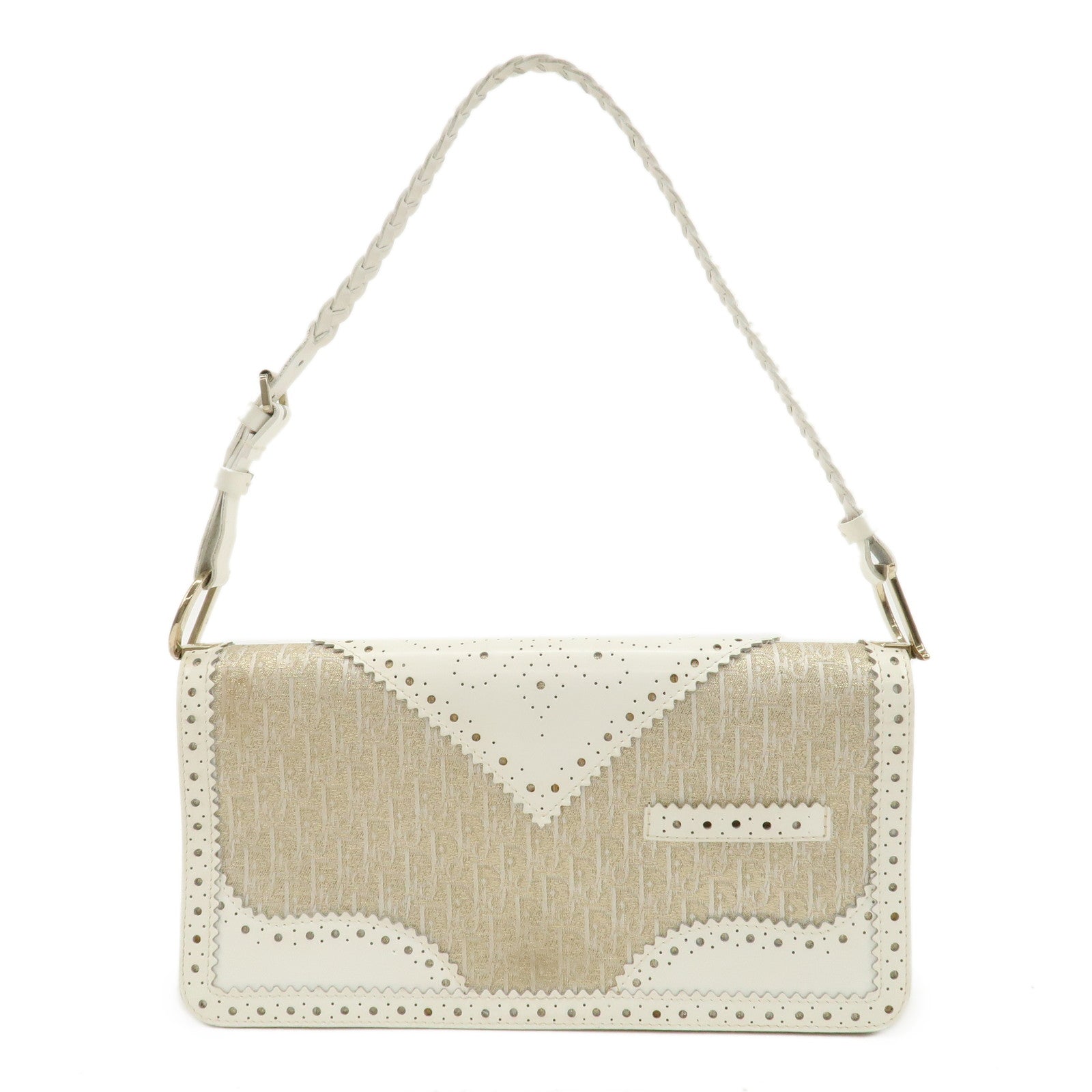 Christian-Dior-Trotter-Canvas-Leather-Punching-Shoulder-Bag-White