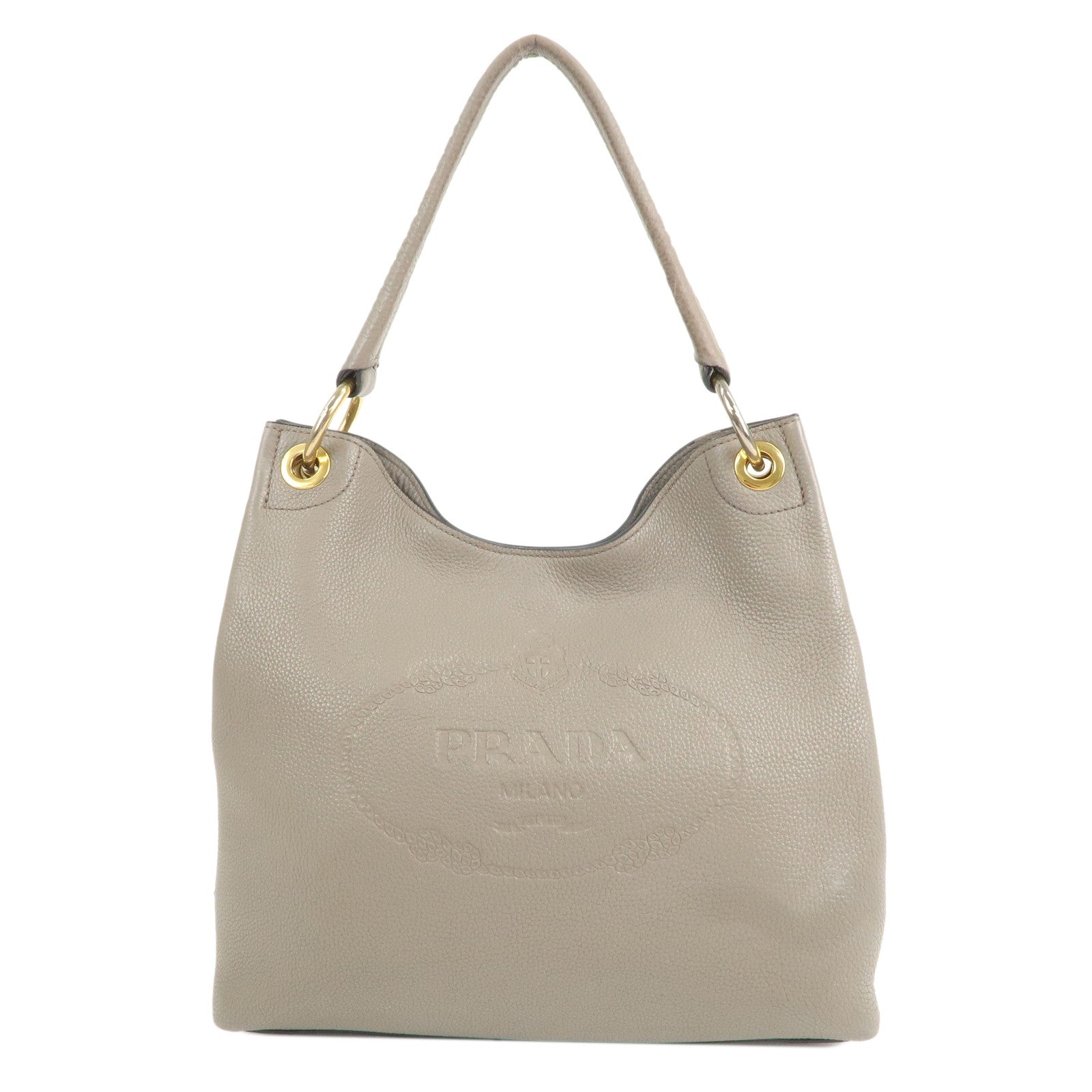 PRADA-Logo-Leather-Shoulder-Bag-Tote-Bag-Gray-1BC051