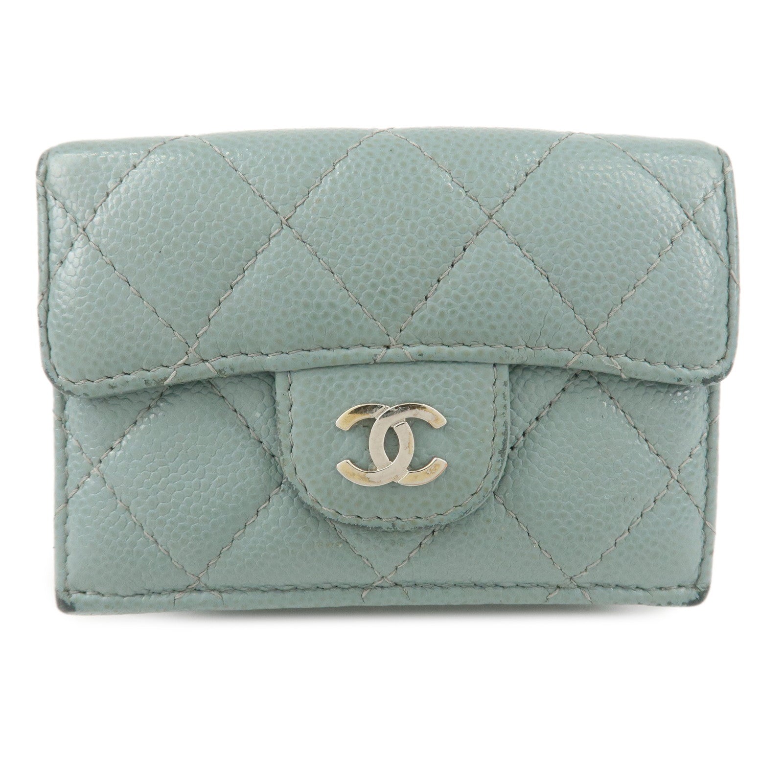 CHANEL-Matelasse-Caviar-Skin-Tri-fold-Wallet-Blue-60809