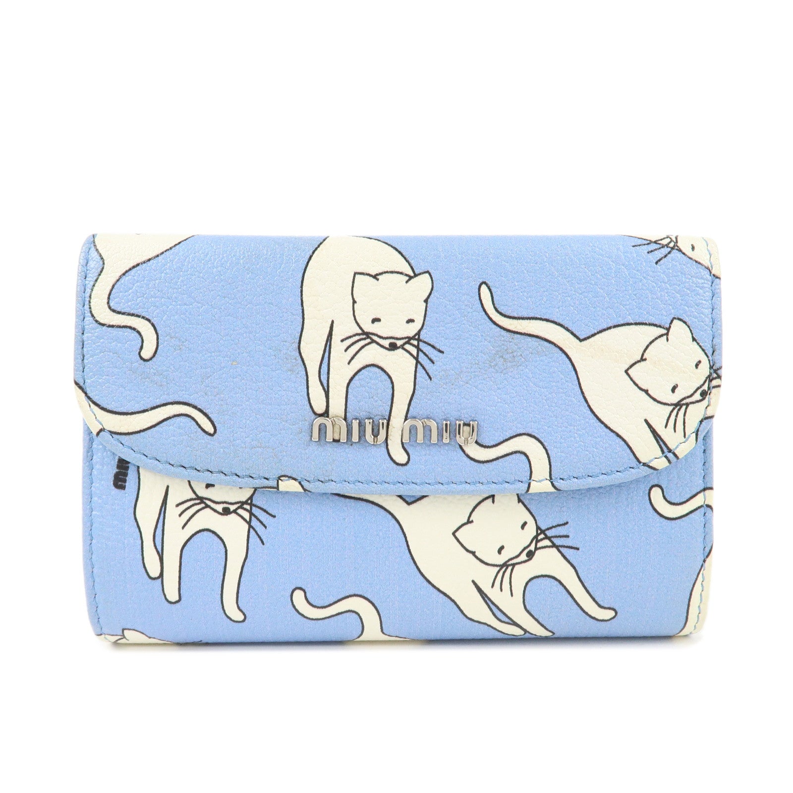 MIU-MIU-Logo-Leather-Bi-Fold-Wallet-Cat-Pattarn-Blue-White