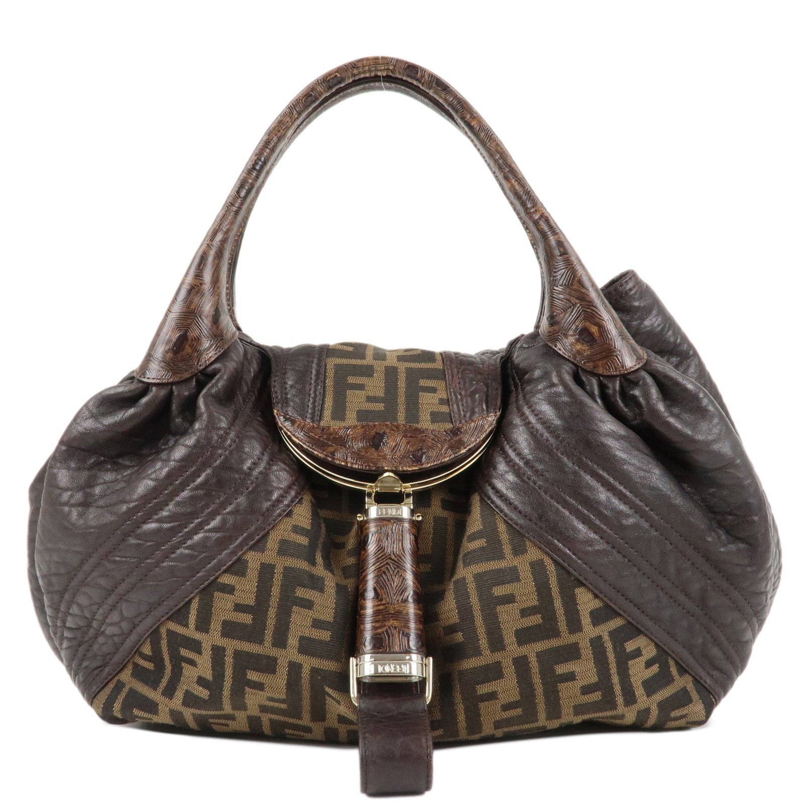 FENDI-Zucca-Canvas-Leather-Spy-Bag-Brown-Black-8BR511