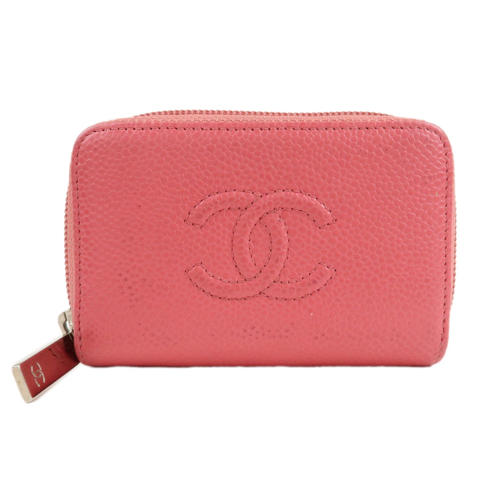 CHANEL-Caviar-Skin-Round-Zipper-Coin-Case-Wallet-Pink-A68890