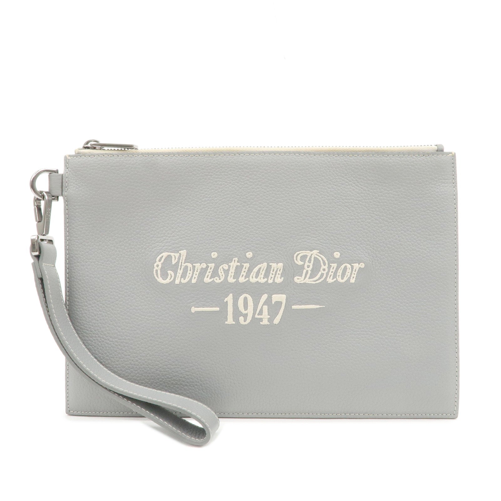 Christian-Dior-Leather-CD-1947-Clutch-Pouch-Gray