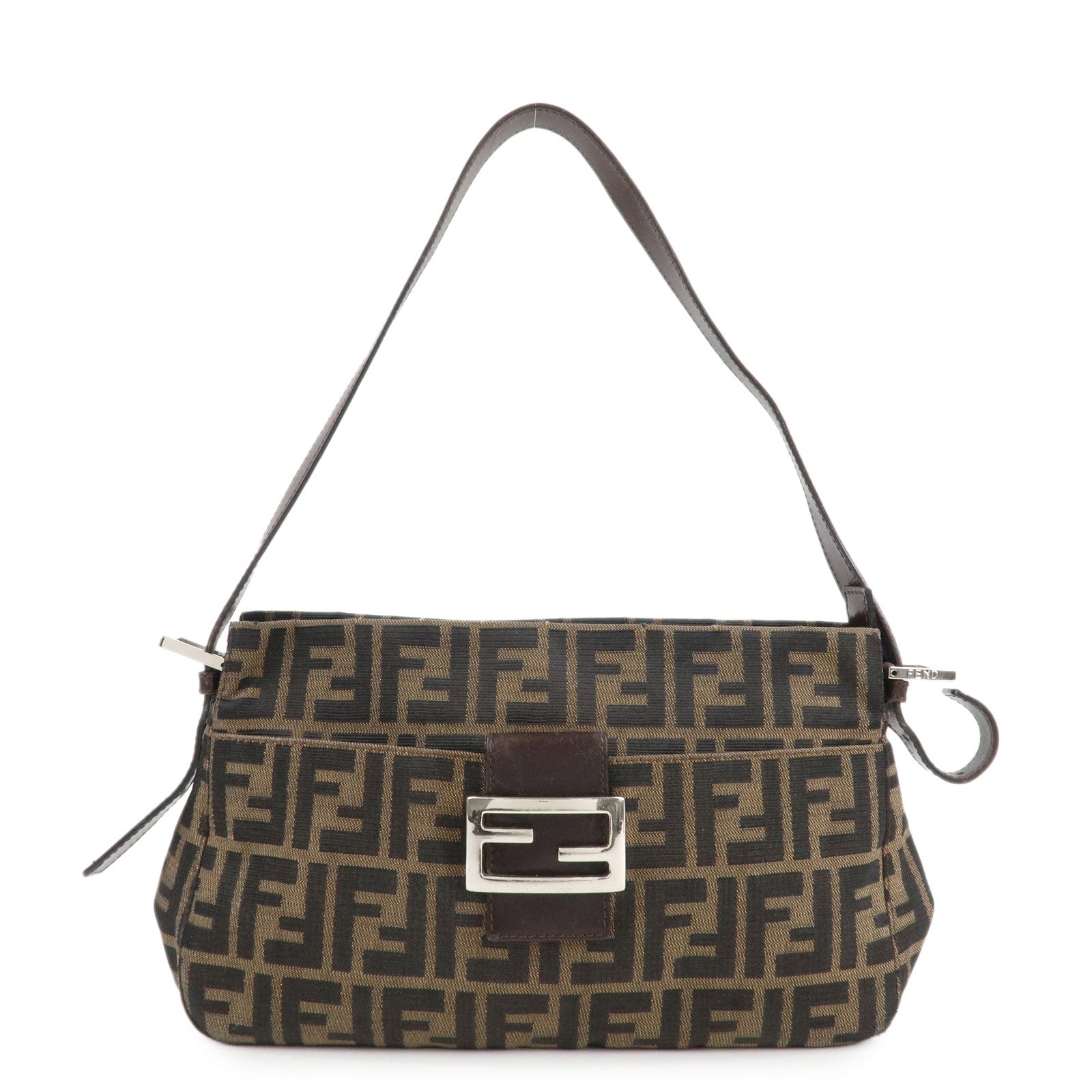 FENDI-Zucca-Canvas-Leather-Shoulder-Bag-Brown-Black-26566