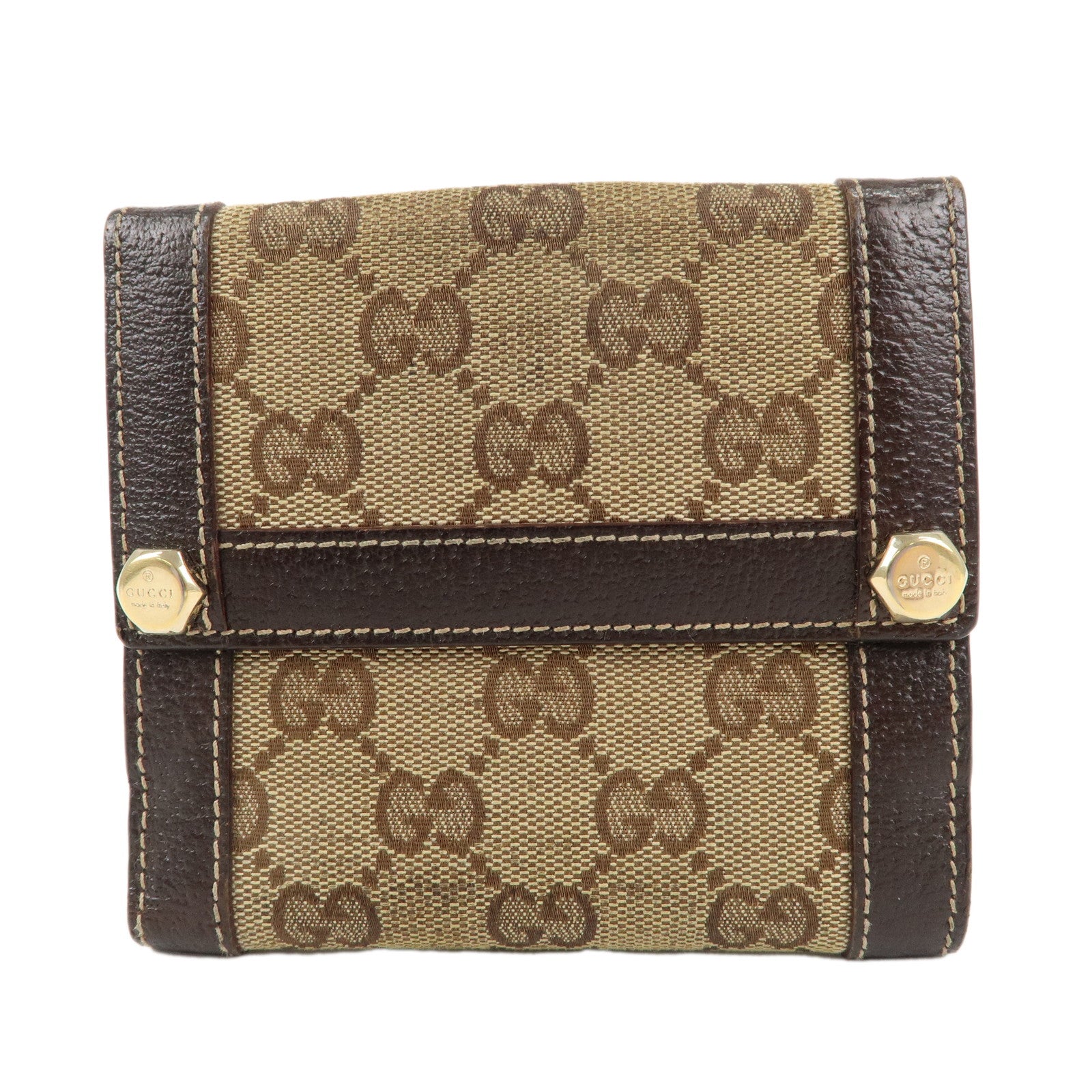 GUCCI-GG-Canvas-Leather-W-Hook-Bifold-Wallet-Beige-Brown-154117