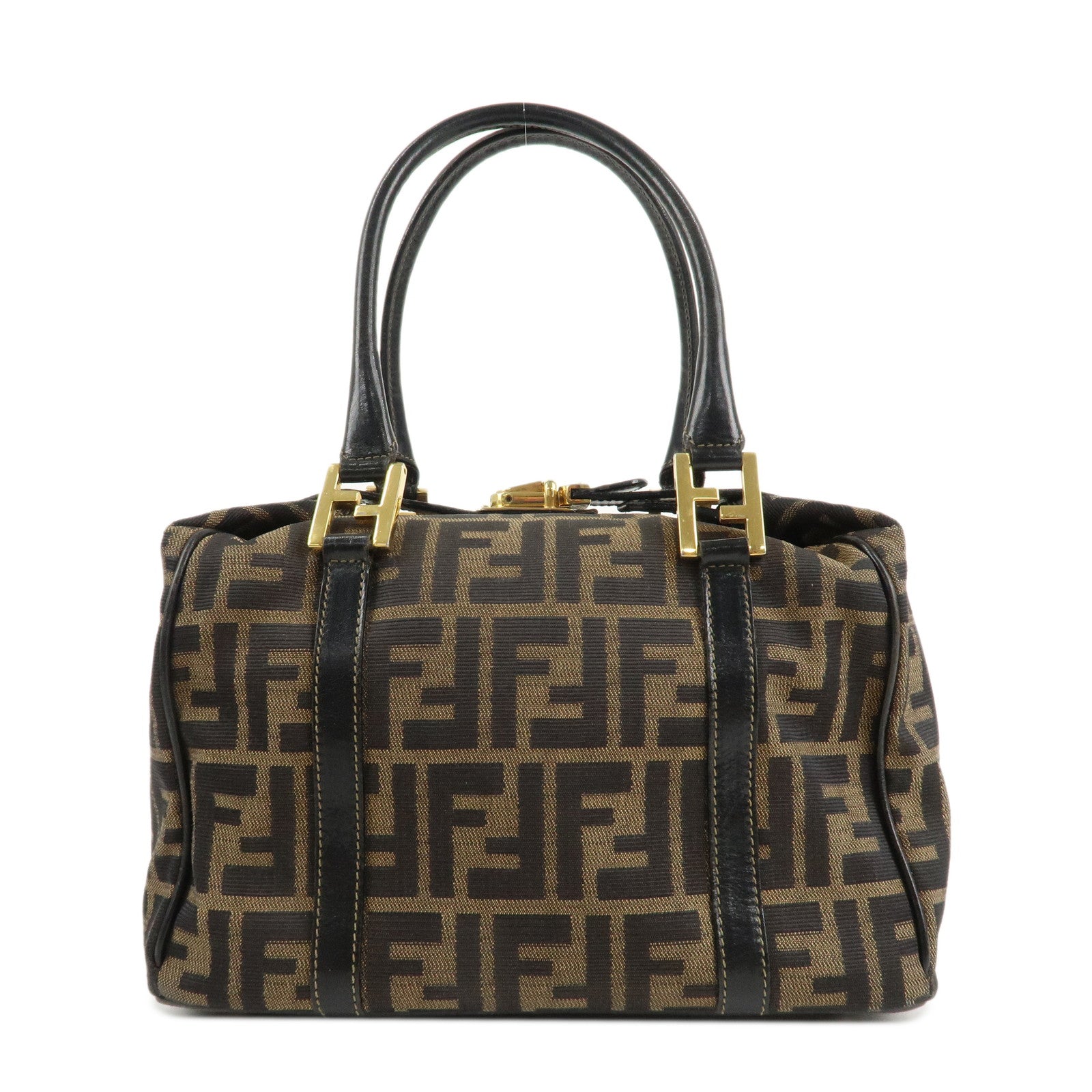 FENDI-Zucca-Canvas-Leather-Boston-Bag-Hand-Bag-Brown-Black