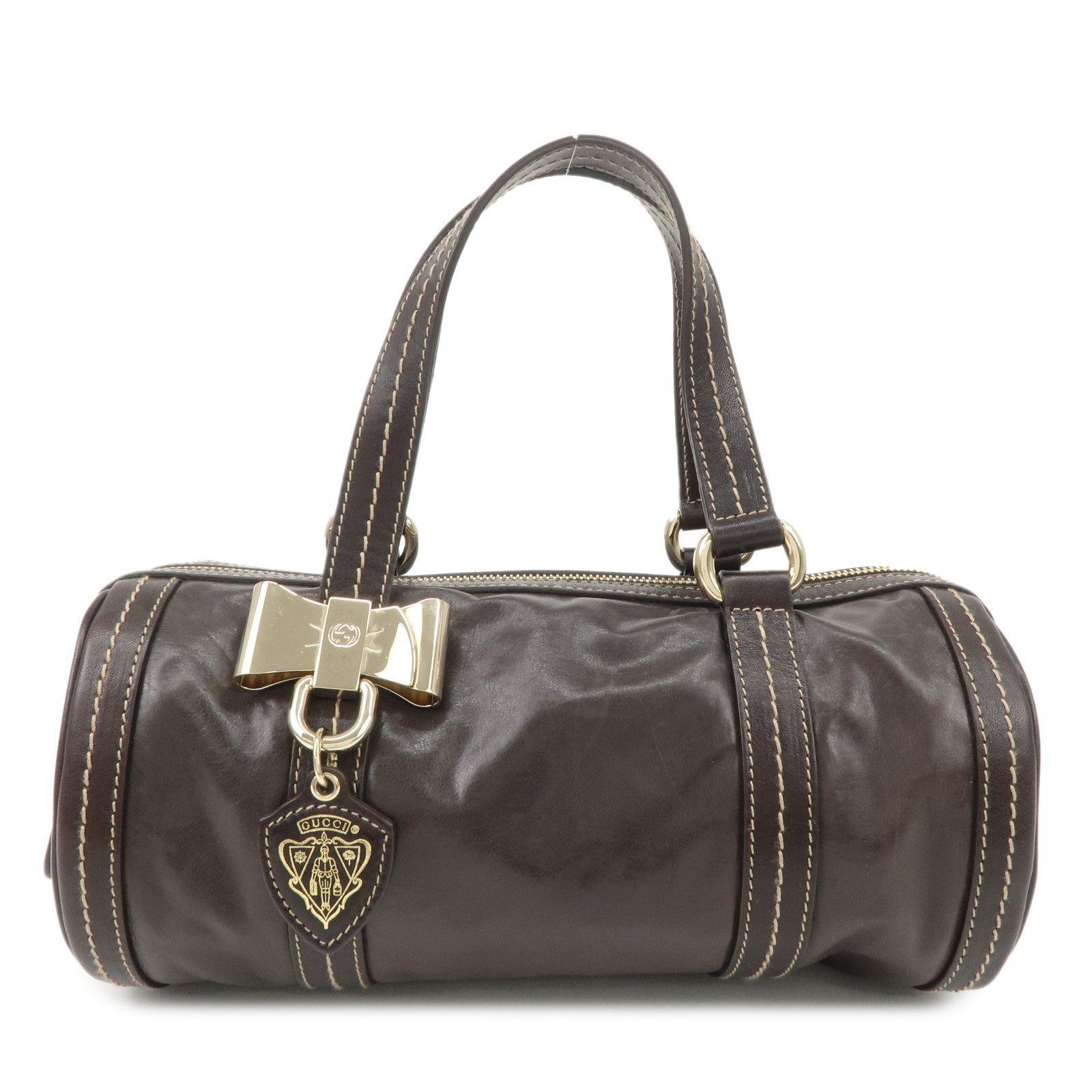 GUCCI-Leather-Crest-Leather-Ribbon-Mini-Boston-Bag-Brown-181485