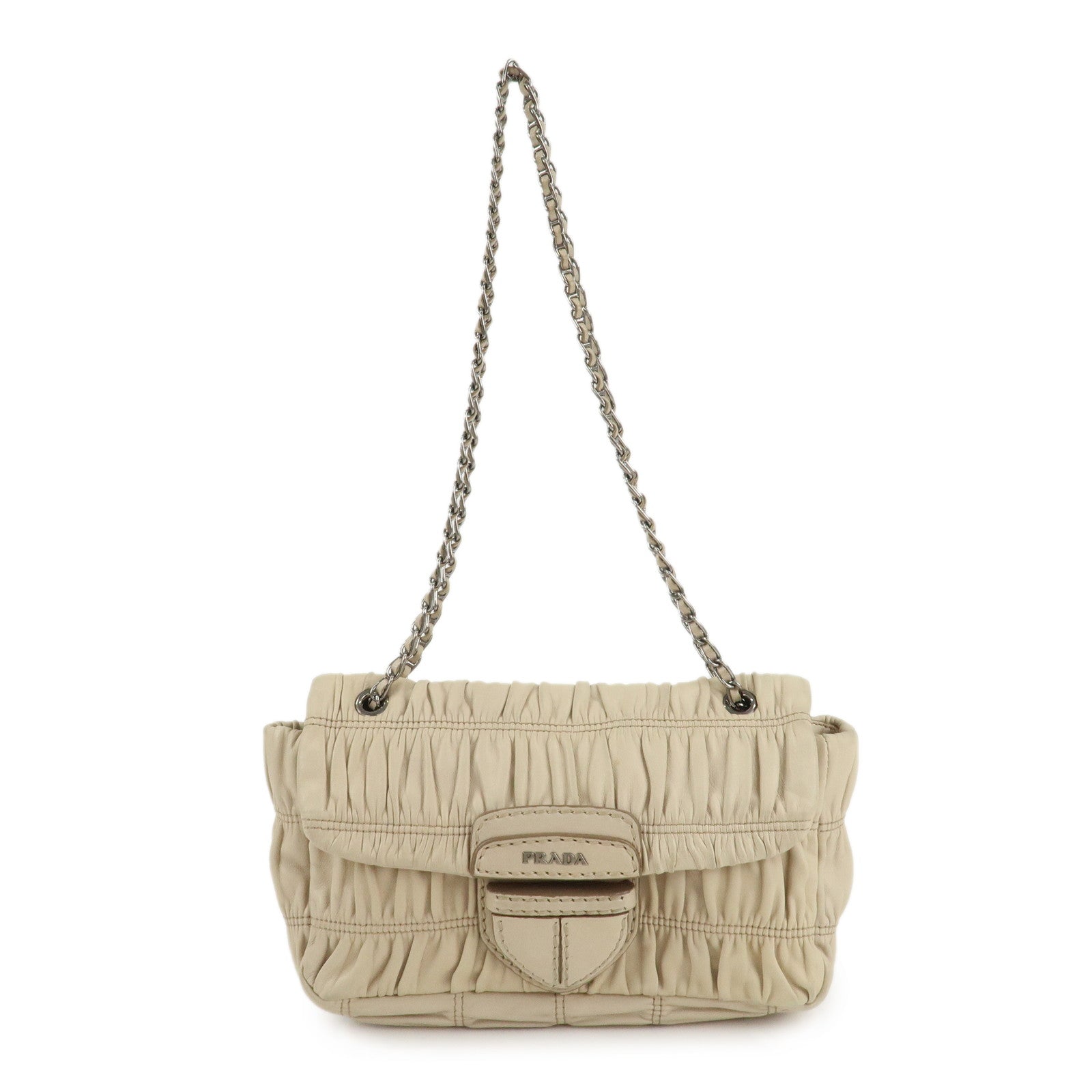 PRADA-Leather-Gathered-Chain-Shoulder-Bag-Ivory-B4695C