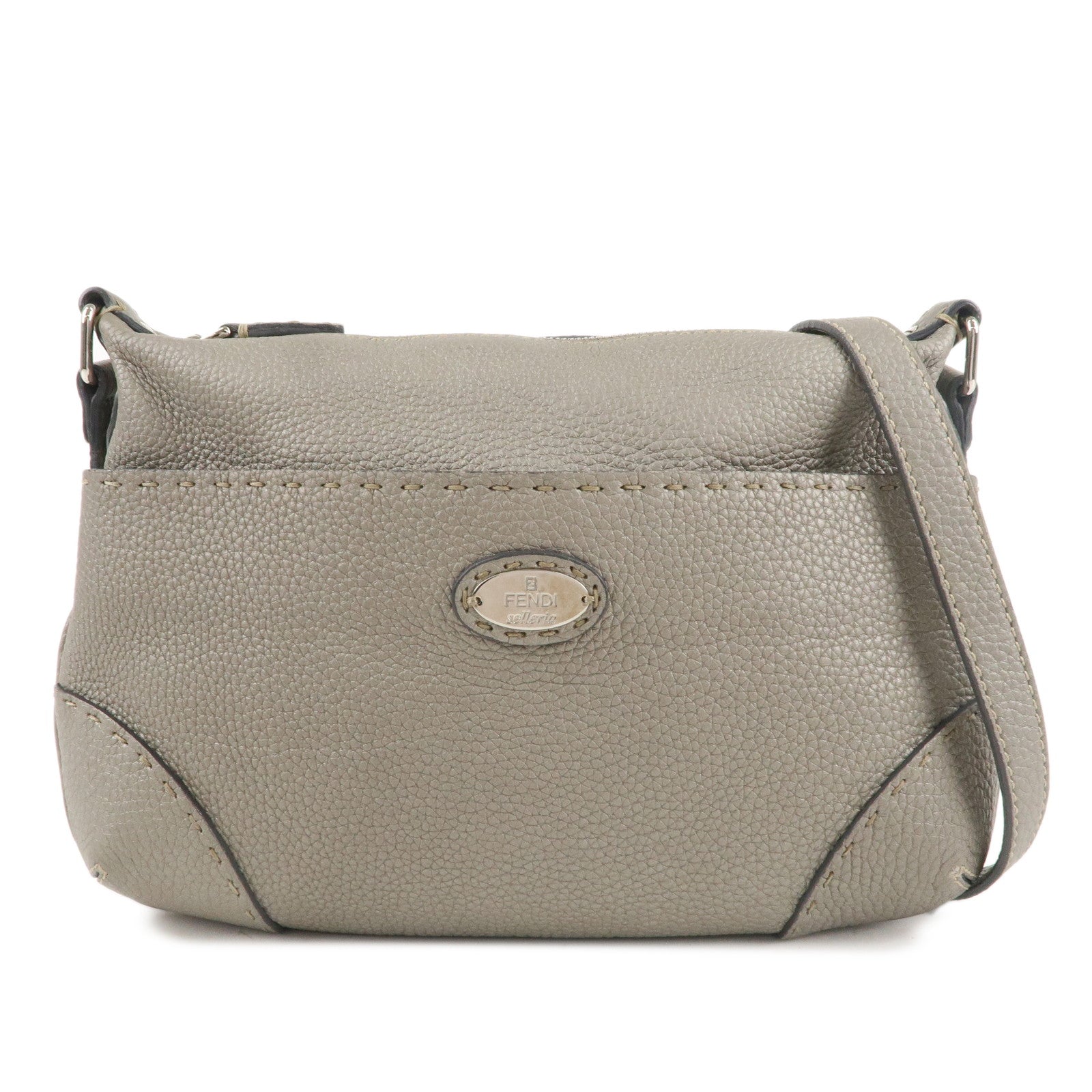 FENDI Selleria Leather Shoulder Bag Crossbody Bag Silver 8BT200