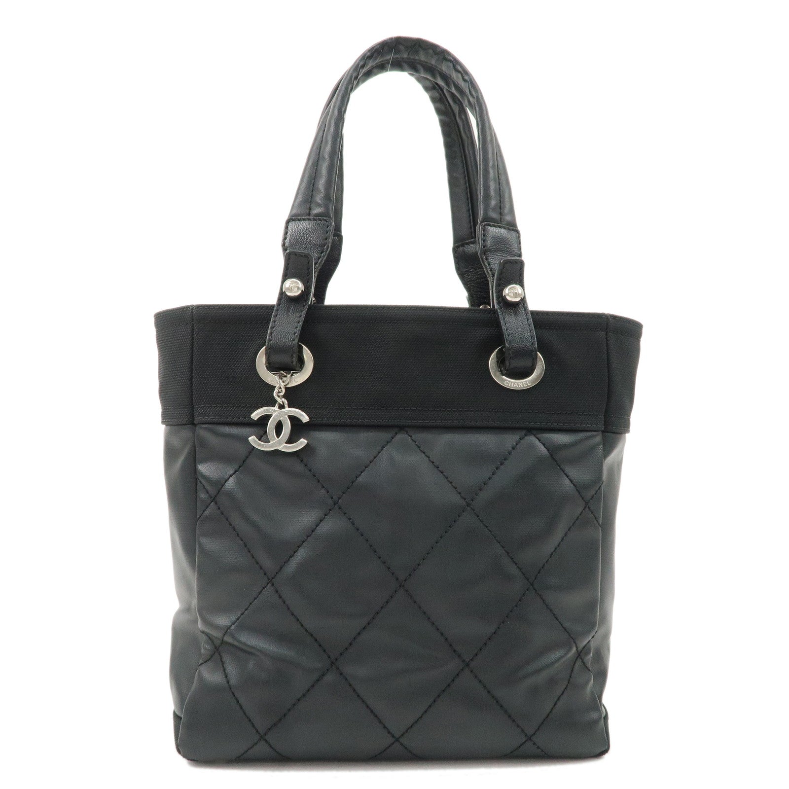 CHANEL-Paris-Biarritz-PM-Coated-Canvas-Leather-Tote-Bag-Black