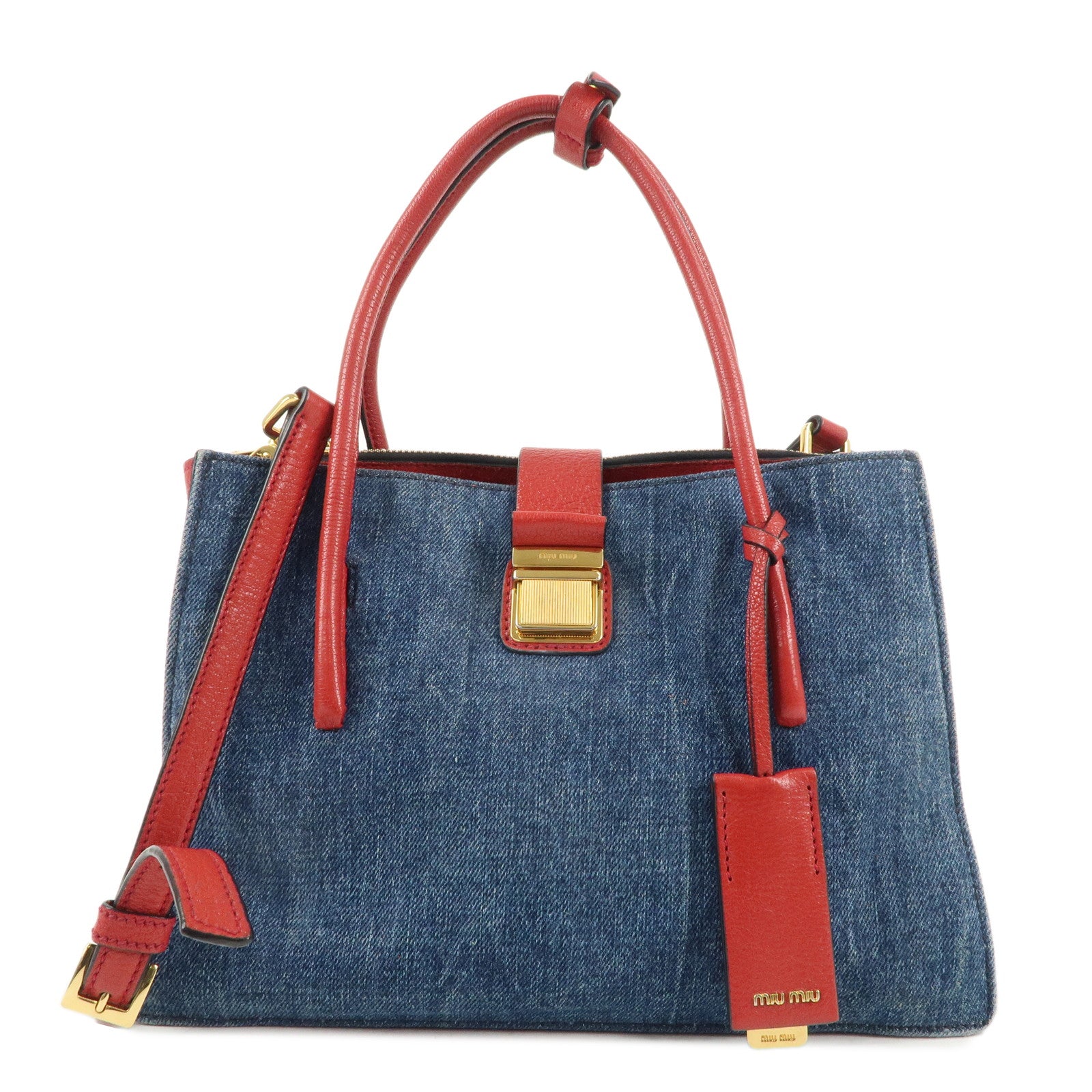 MIU MIU Denim Leather 2Way Tote Bag Shoulder Bag Blue Red